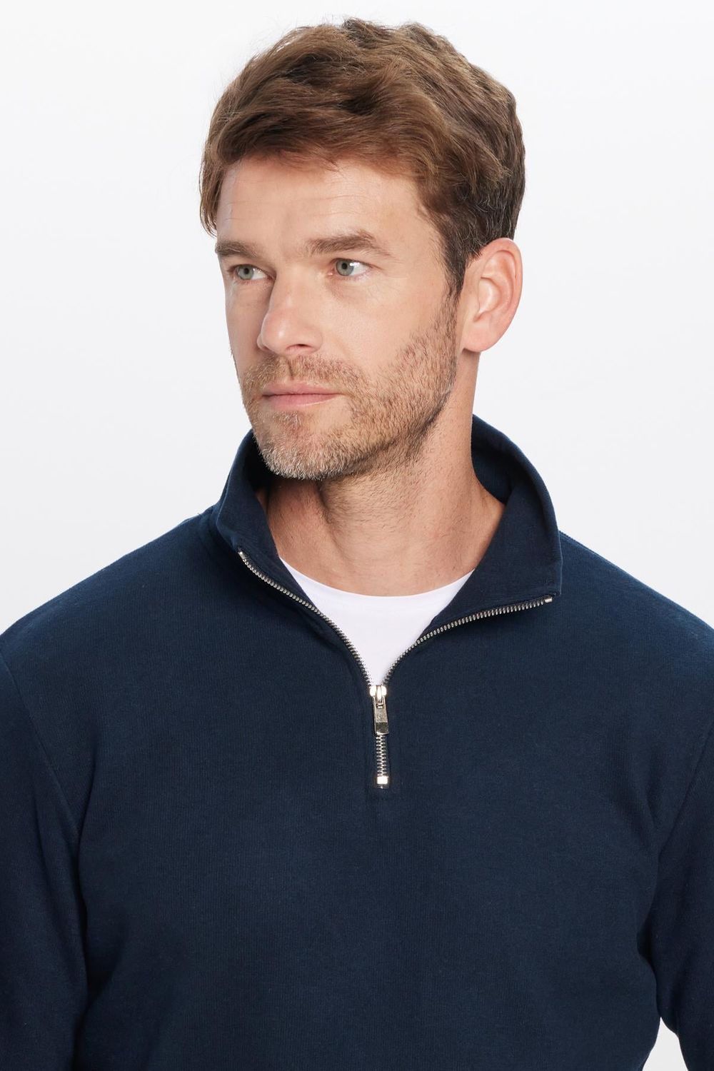 Unisex Relax Fit Rahat Kesim Pamuklu Yarım Fermuarlı Lacivert Dik Yaka Sweatshirt