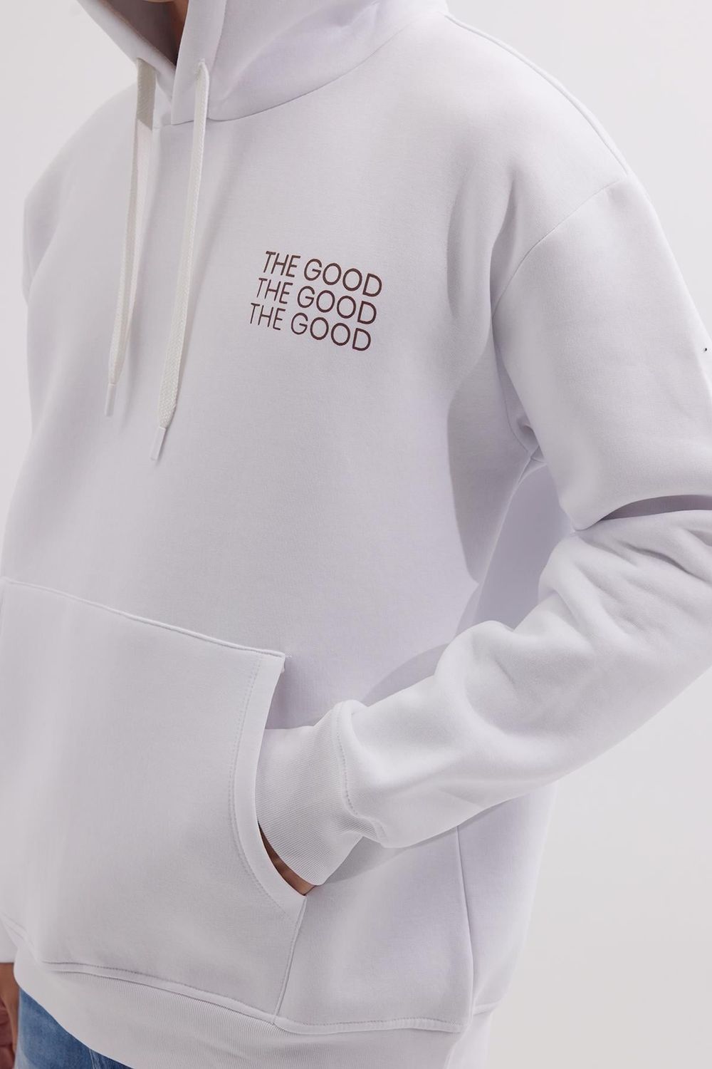 Unisex Oversize Geniş Kesim Pamuklu Yumuşak Dokulu İçi Polarlı Baskılı Beyaz Kapüşonlu Sweatshirt
