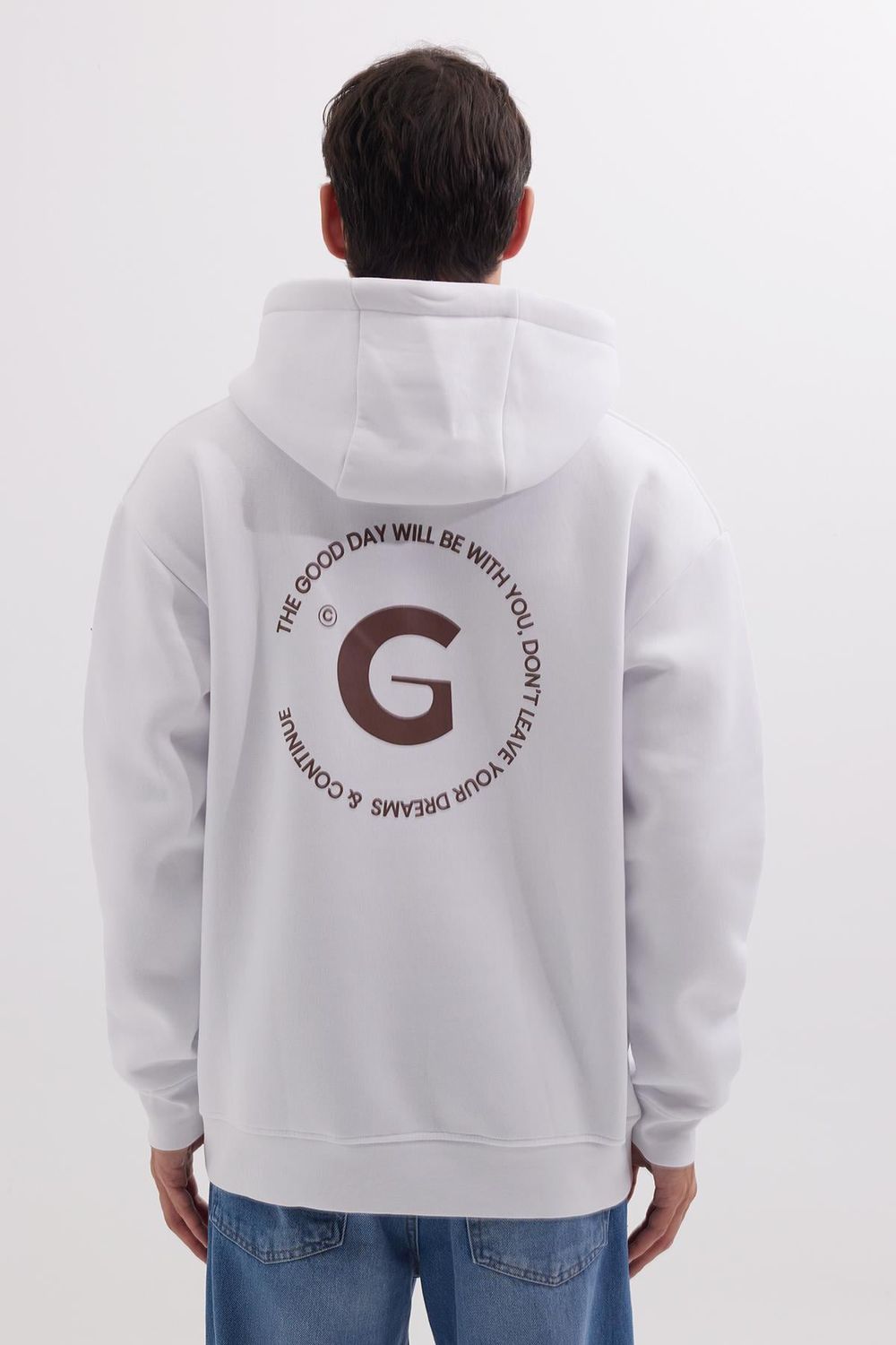 Unisex Oversize Geniş Kesim Pamuklu Yumuşak Dokulu İçi Polarlı Baskılı Beyaz Kapüşonlu Sweatshirt