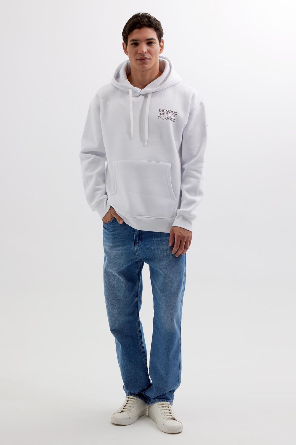Unisex Oversize Geniş Kesim Pamuklu Yumuşak Dokulu İçi Polarlı Baskılı Beyaz Kapüşonlu Sweatshirt