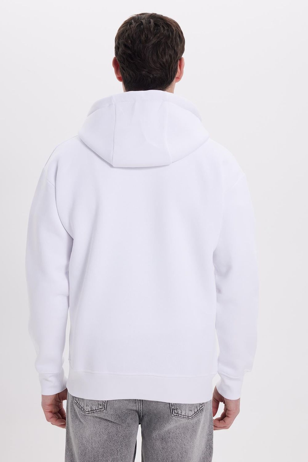 Unisex Oversize Geniş Kesim Pamuklu Yumuşak Dokulu İçi Polarlı Baskılı Beyaz Kapüşonlu Sweatshirt