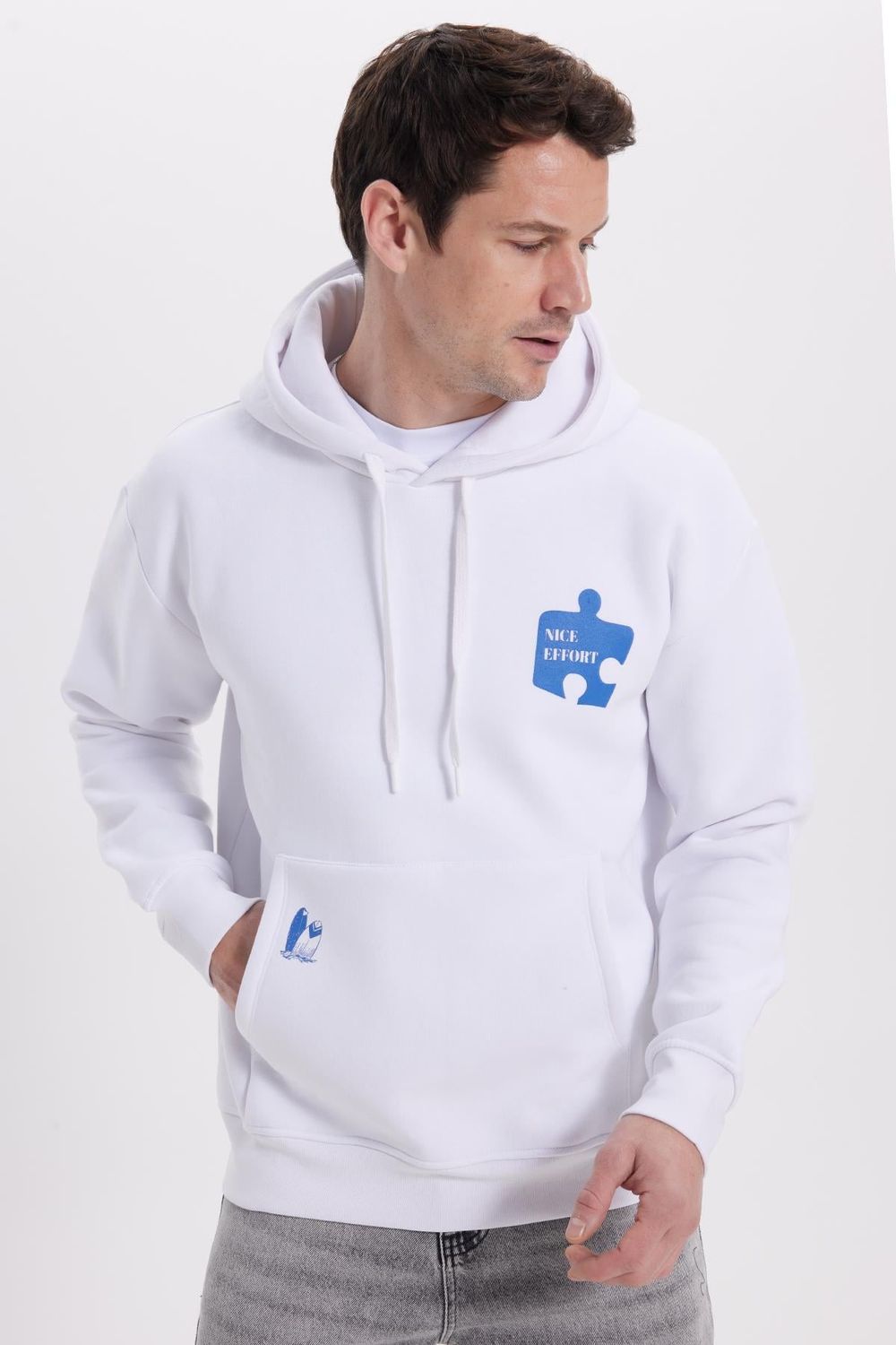 Unisex Oversize Geniş Kesim Pamuklu Yumuşak Dokulu İçi Polarlı Baskılı Beyaz Kapüşonlu Sweatshirt