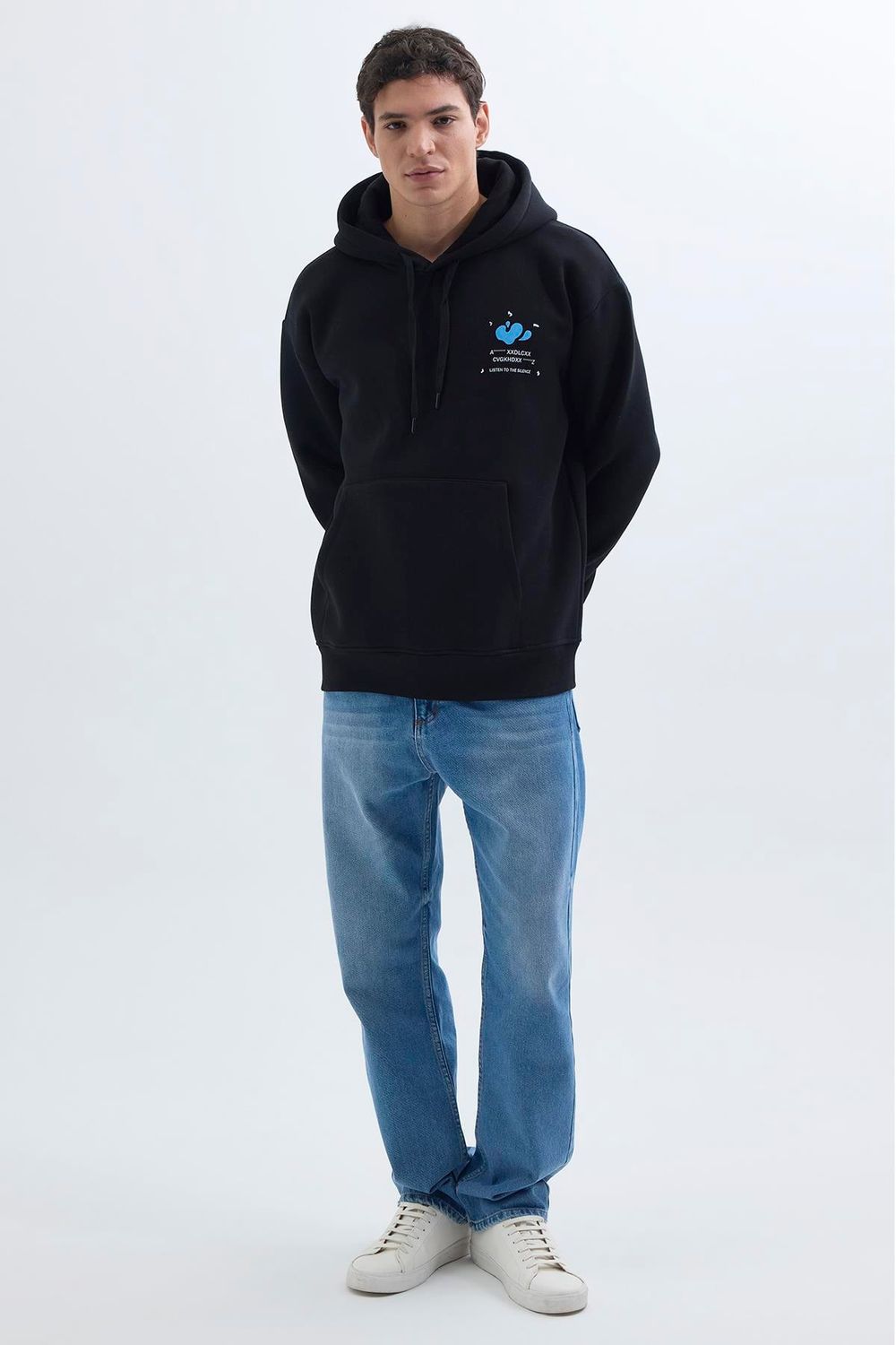 Unisex Oversize Geniş Kesim Pamuklu Yumuşak Dokulu İçi Polarlı Baskılı Siyah Kapüşonlu Sweatshirt