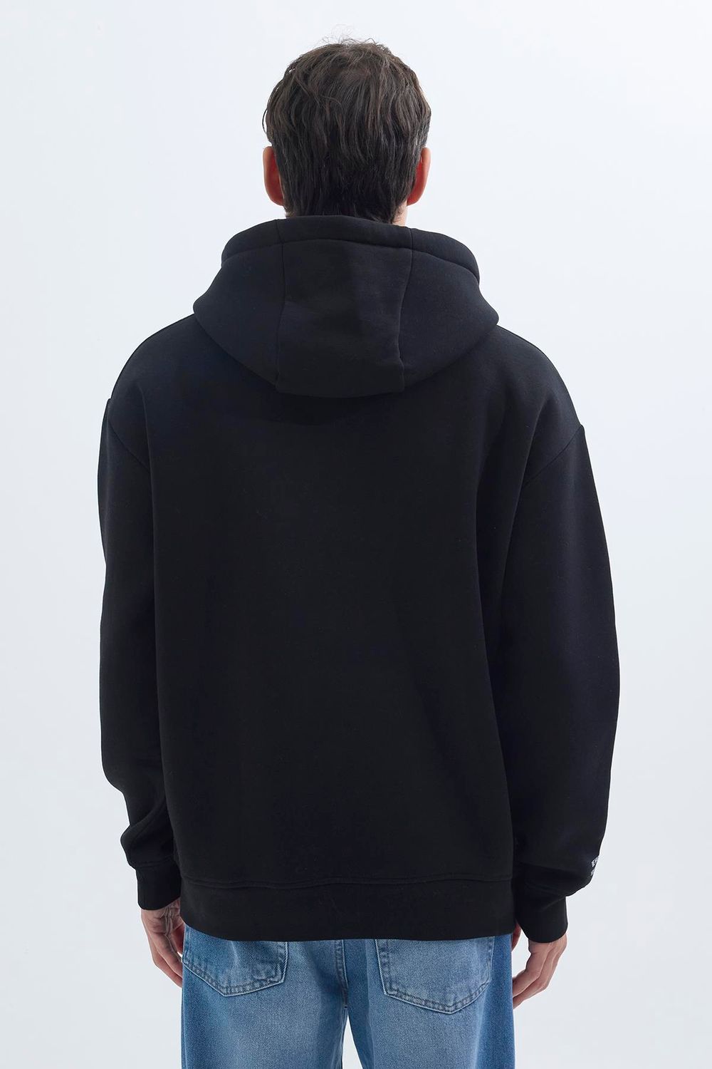 Unisex Oversize Geniş Kesim Pamuklu Yumuşak Dokulu İçi Polarlı Baskılı Siyah Kapüşonlu Sweatshirt