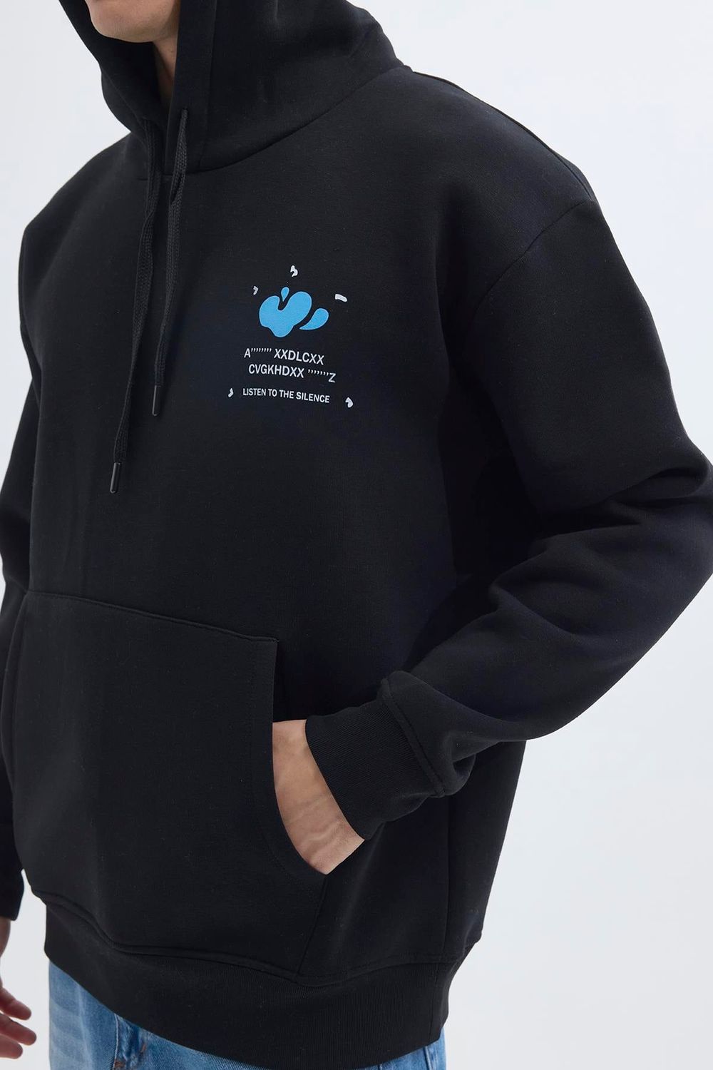Unisex Oversize Geniş Kesim Pamuklu Yumuşak Dokulu İçi Polarlı Baskılı Siyah Kapüşonlu Sweatshirt