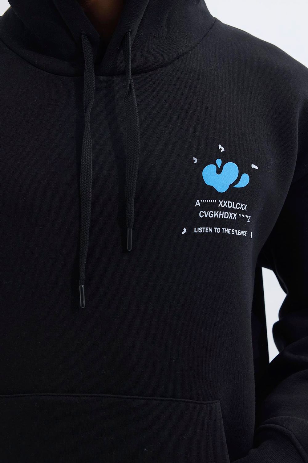 Unisex Oversize Geniş Kesim Pamuklu Yumuşak Dokulu İçi Polarlı Baskılı Siyah Kapüşonlu Sweatshirt