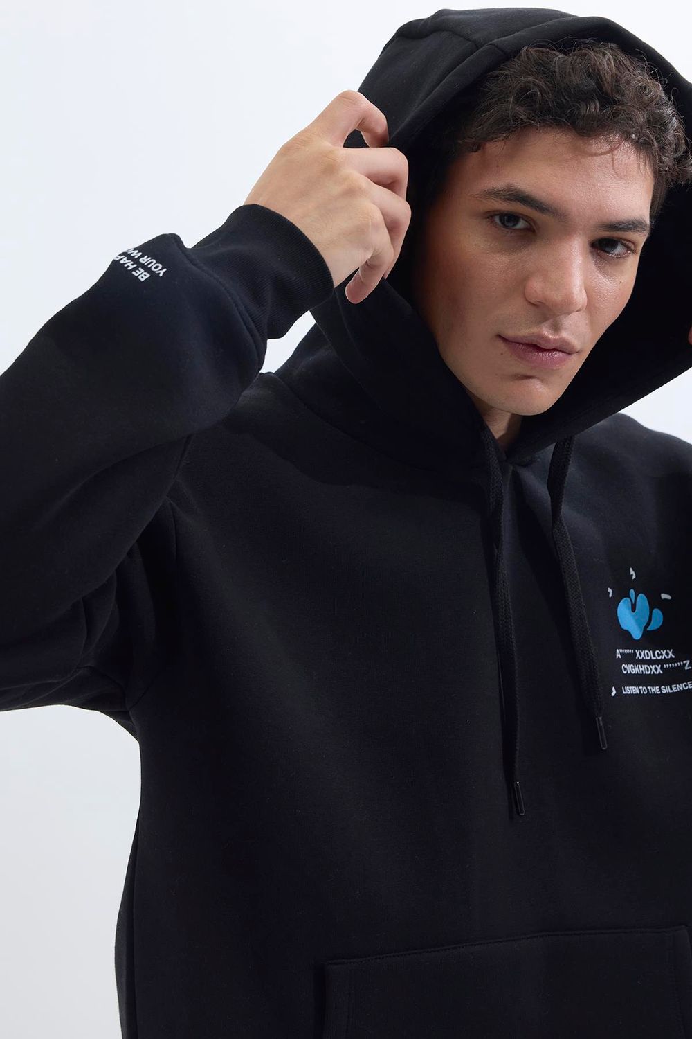 Unisex Oversize Geniş Kesim Pamuklu Yumuşak Dokulu İçi Polarlı Baskılı Siyah Kapüşonlu Sweatshirt