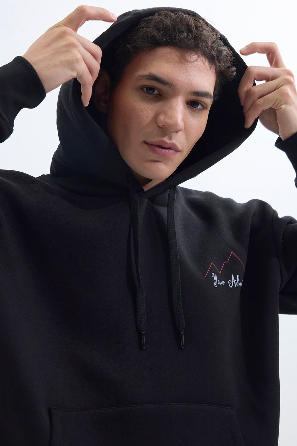 Unisex Oversize Geniş Kesim Pamuklu Yumuşak Dokulu İçi Polarlı Baskılı Siyah Kapüşonlu Sweatshirt