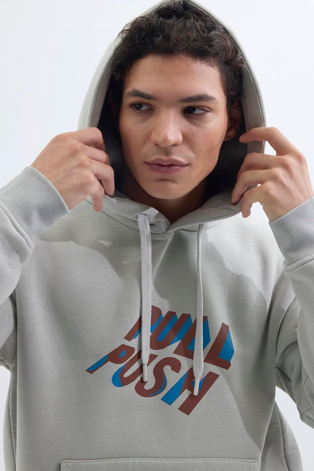 Unisex Oversize Geniş Kesim Pamuklu Yumuşak Dokulu İçi Polarlı Baskılı Taş Renk Kapüşonlu Sweatshirt