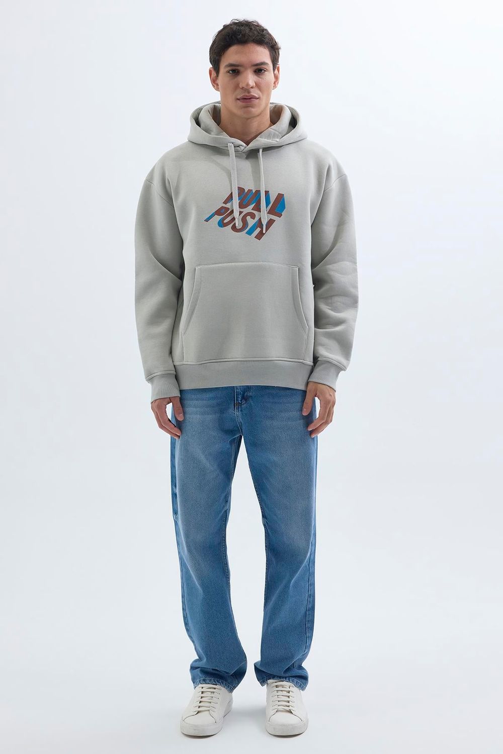 Unisex Oversize Geniş Kesim Pamuklu Yumuşak Dokulu İçi Polarlı Baskılı Taş Renk Kapüşonlu Sweatshirt