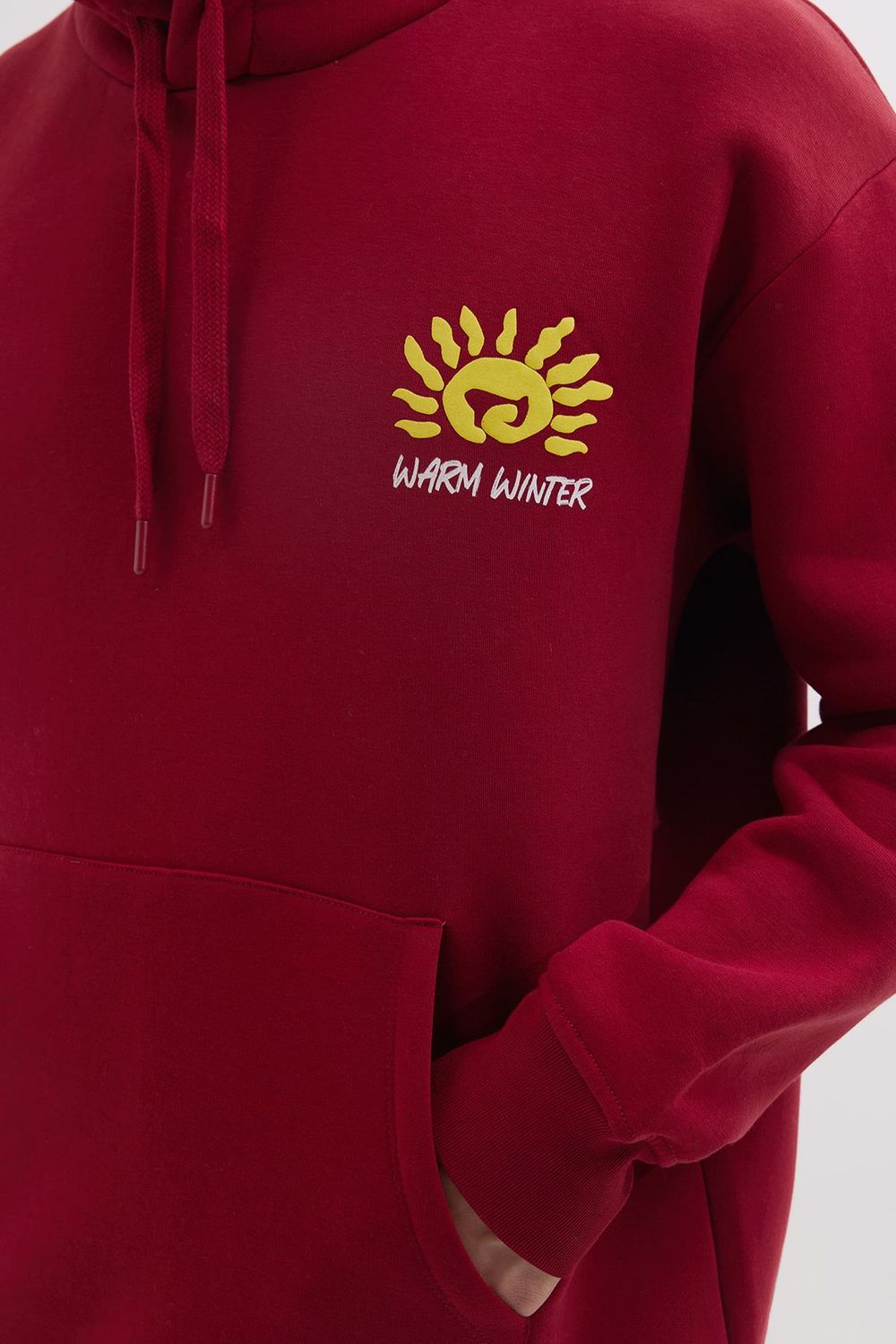 Unisex Oversize Geniş Kesim Pamuklu Yumuşak Dokulu İçi Polarlı Baskılı Bordo Kapüşonlu Sweatshirt