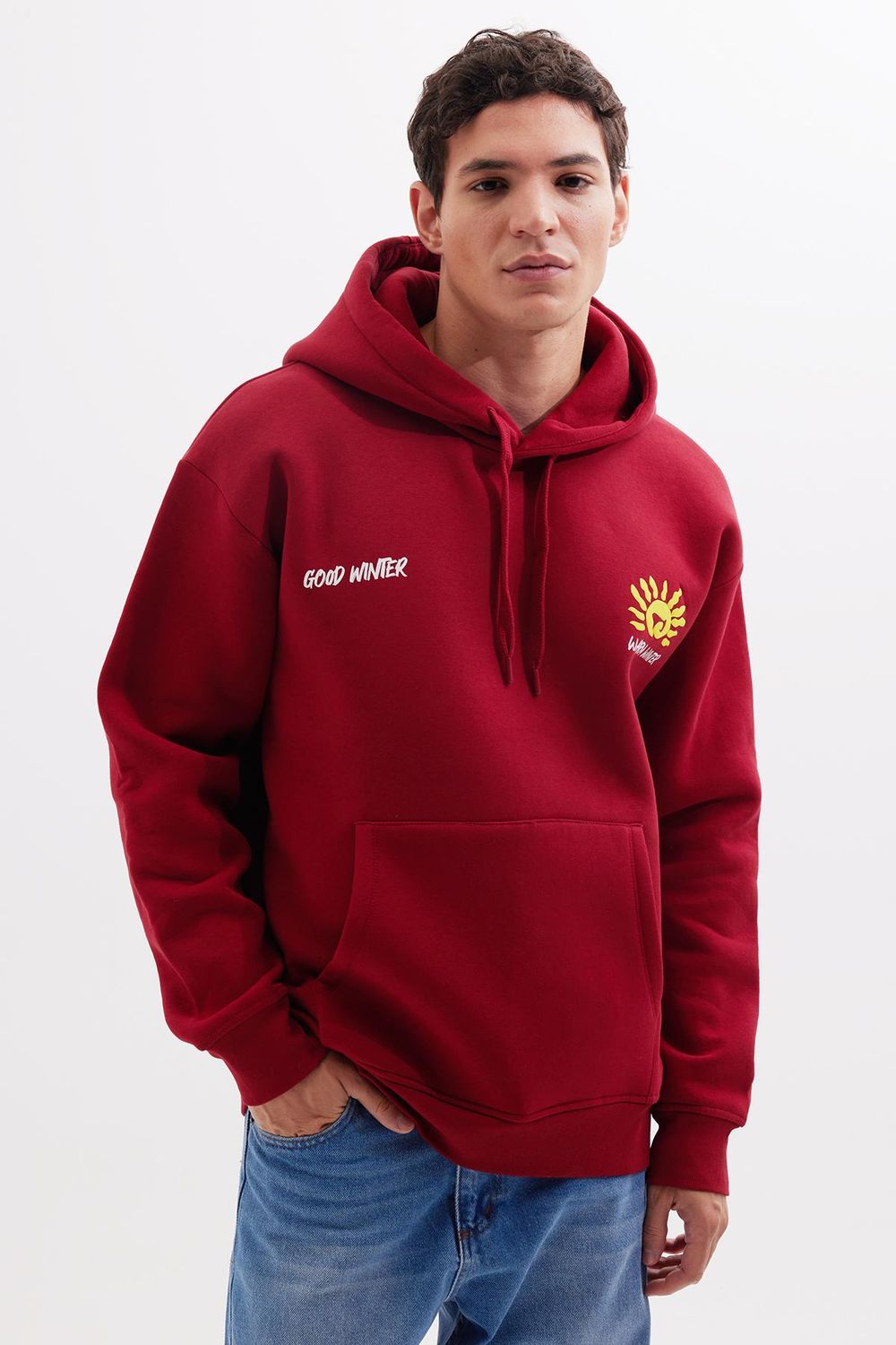 Unisex Oversize Geniş Kesim Pamuklu Yumuşak Dokulu İçi Polarlı Baskılı Bordo Kapüşonlu Sweatshirt