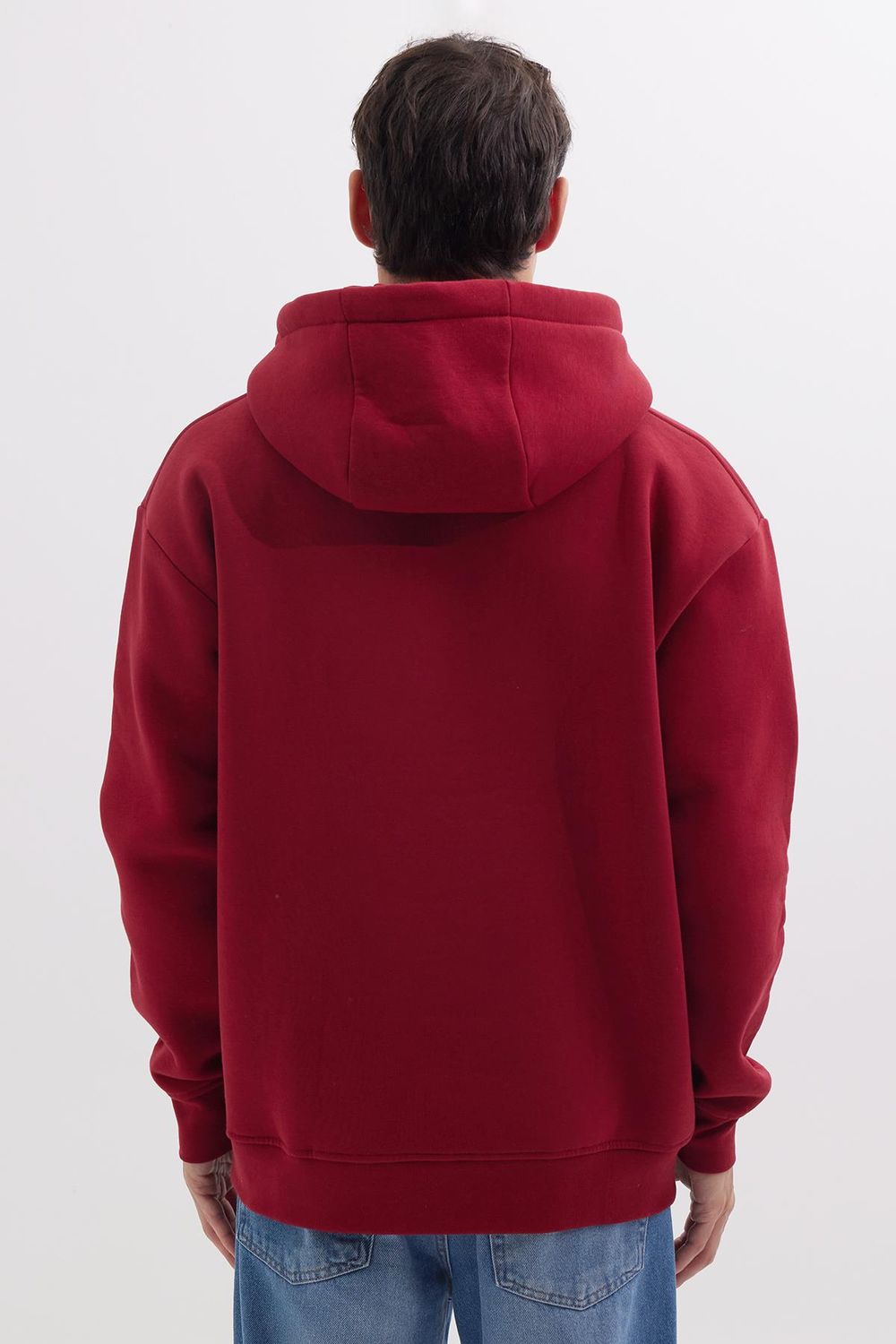 Unisex Oversize Geniş Kesim Pamuklu Yumuşak Dokulu İçi Polarlı Baskılı Bordo Kapüşonlu Sweatshirt