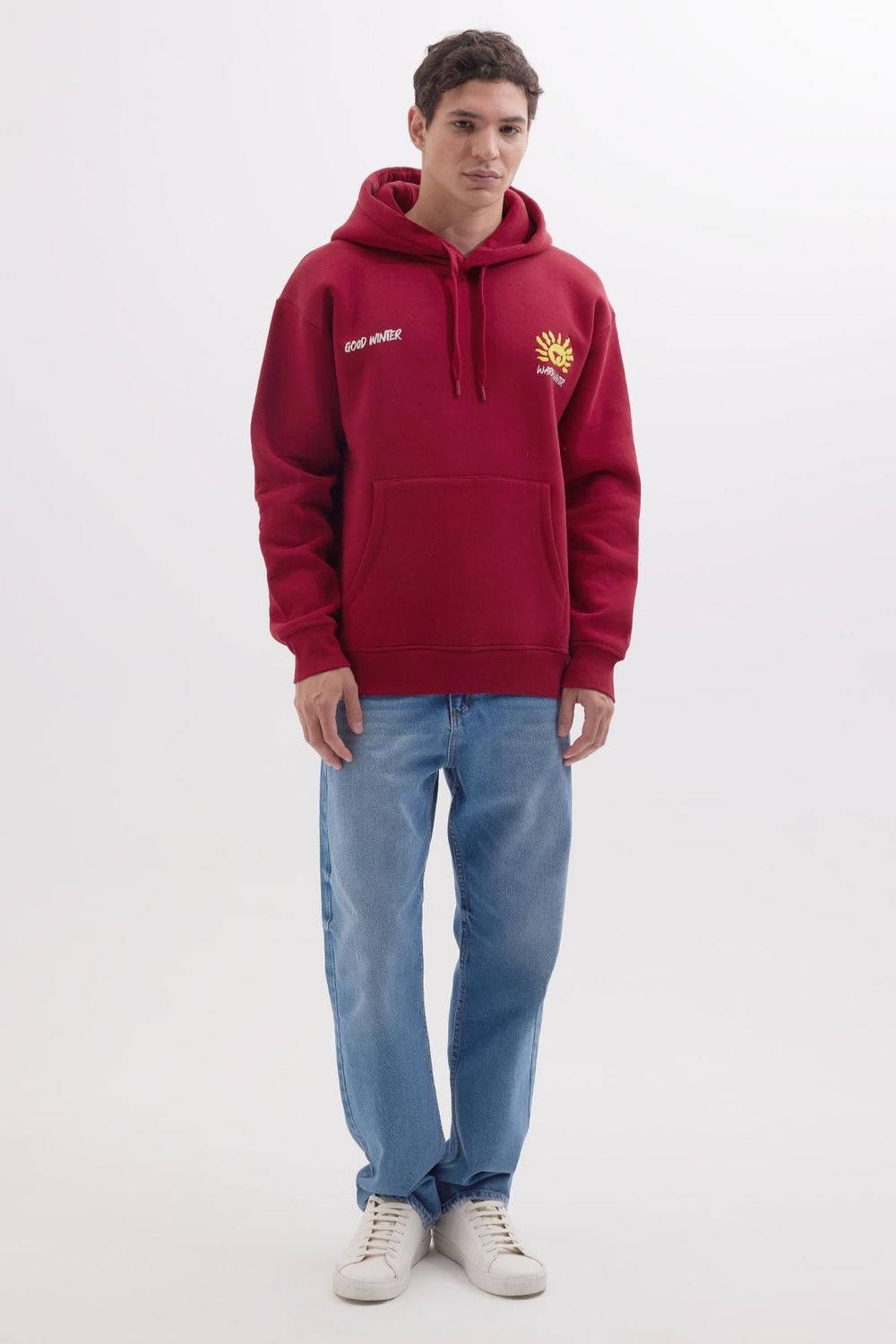 Unisex Oversize Geniş Kesim Pamuklu Yumuşak Dokulu İçi Polarlı Baskılı Bordo Kapüşonlu Sweatshirt