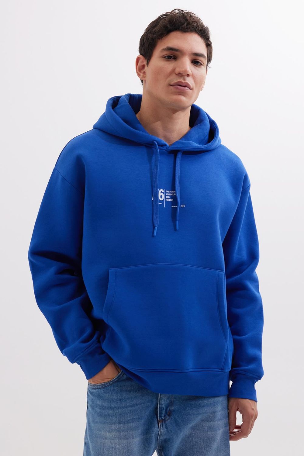 Unisex Oversize Geniş Kesim Pamuklu Yumuşak Dokulu İçi Polarlı Baskılı Saks Mavi Kapüşonlu Sweatshirt