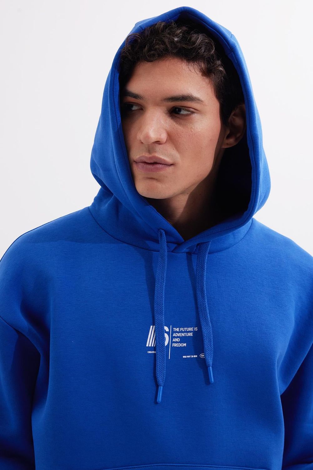 Unisex Oversize Geniş Kesim Pamuklu Yumuşak Dokulu İçi Polarlı Baskılı Saks Mavi Kapüşonlu Sweatshirt