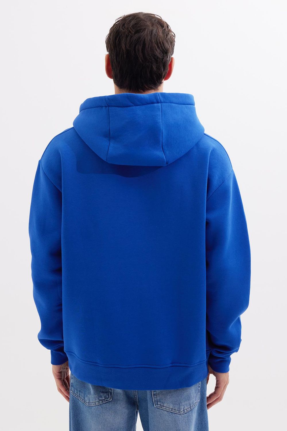 Unisex Oversize Geniş Kesim Pamuklu Yumuşak Dokulu İçi Polarlı Baskılı Saks Mavi Kapüşonlu Sweatshirt