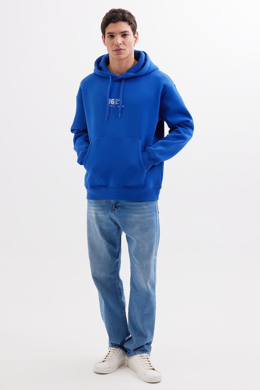 Unisex Oversize Geniş Kesim Pamuklu Yumuşak Dokulu İçi Polarlı Baskılı Saks Mavi Kapüşonlu Sweatshirt