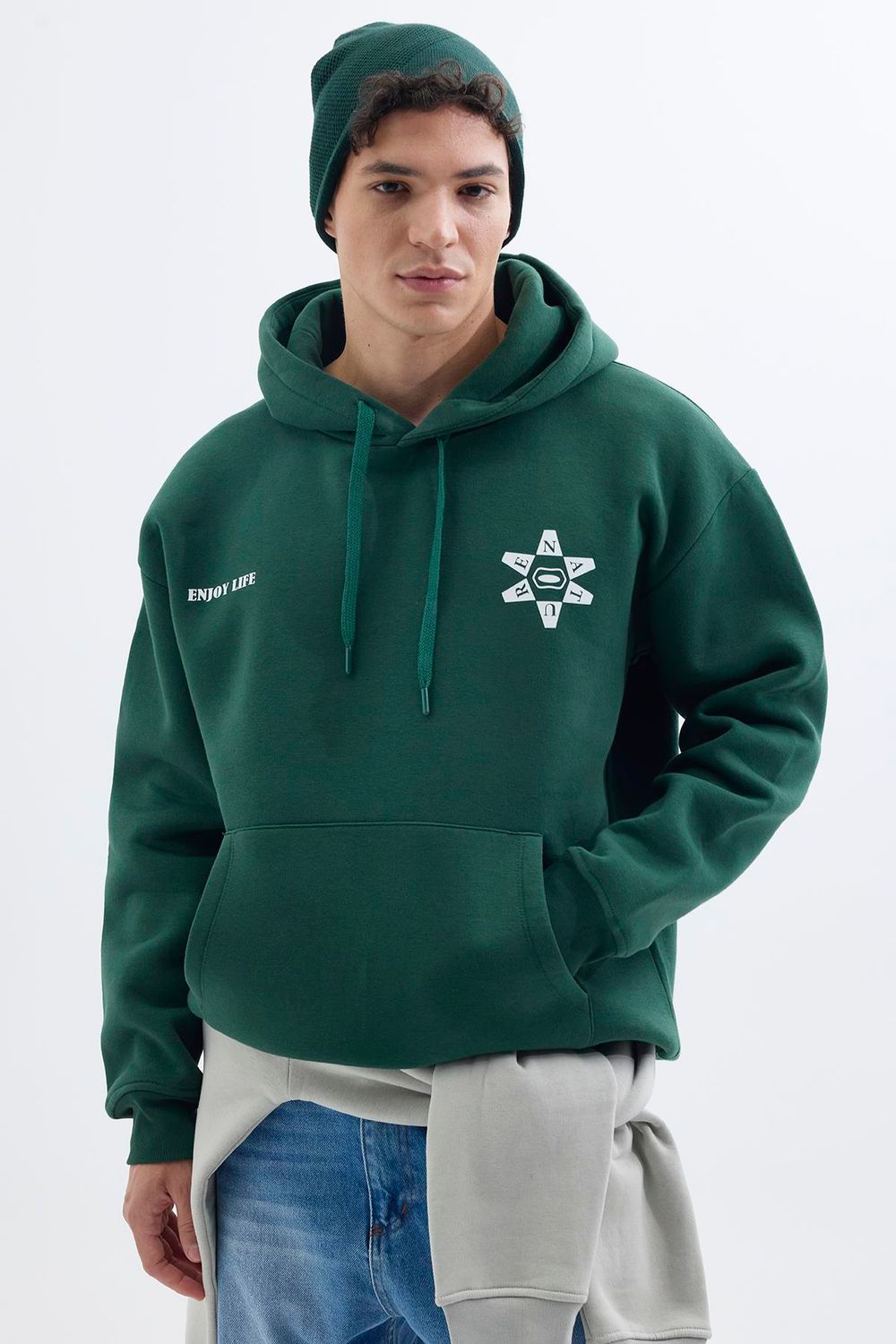 Unisex Oversize Geniş Kesim Pamuklu Yumuşak Dokulu İçi Polarlı Baskılı Yeşil Kapüşonlu Sweatshirt