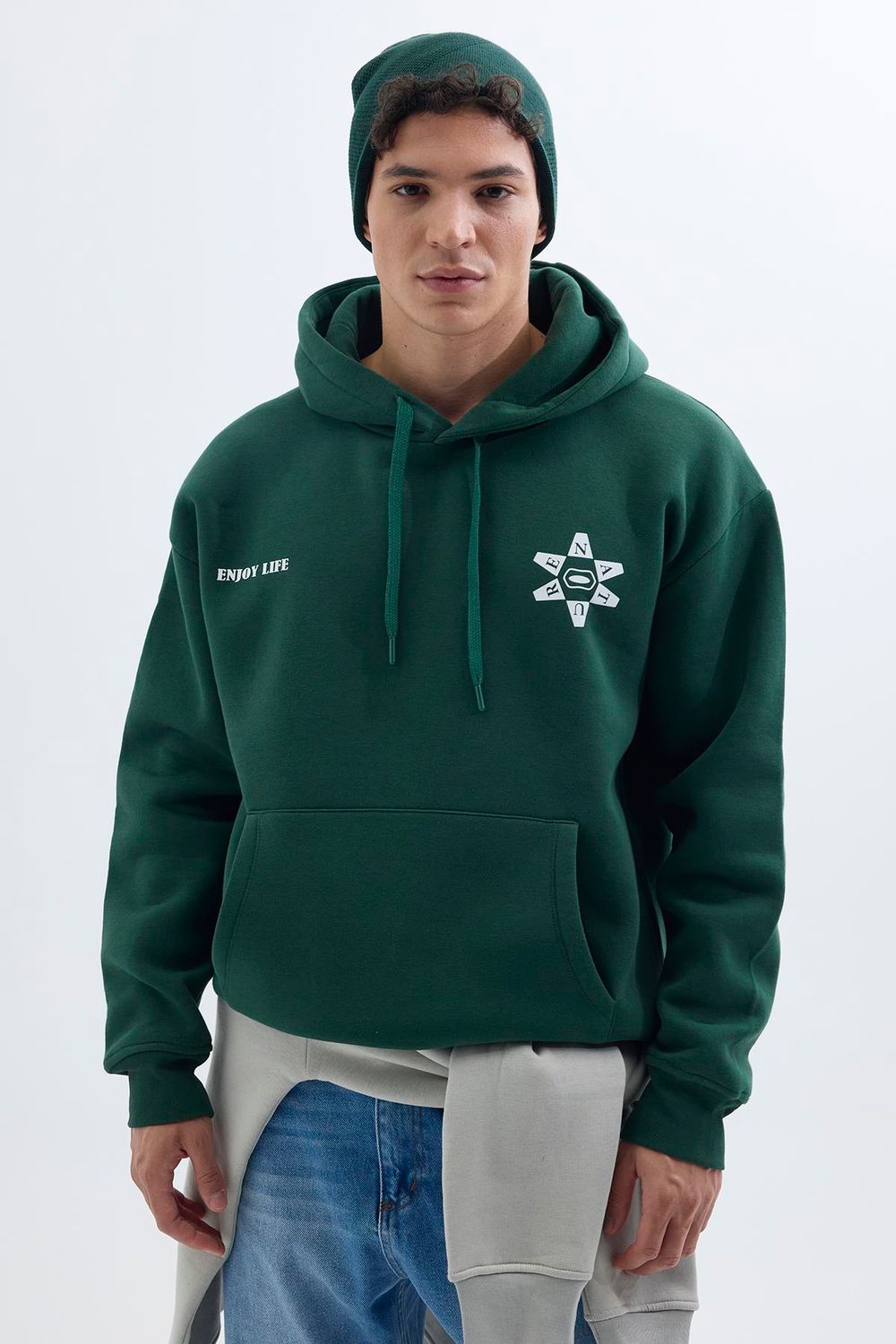 Unisex Oversize Geniş Kesim Pamuklu Yumuşak Dokulu İçi Polarlı Baskılı Yeşil Kapüşonlu Sweatshirt