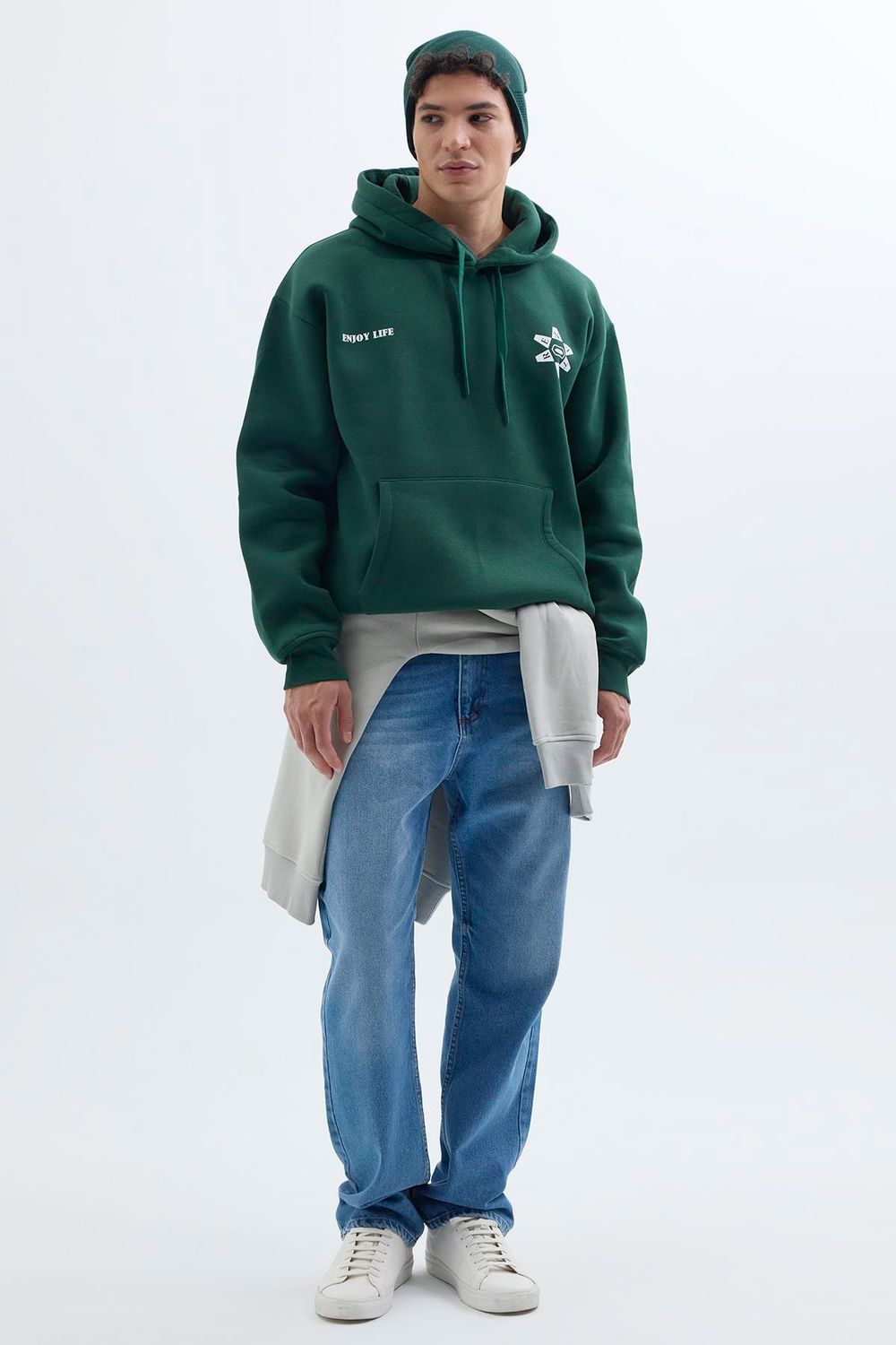 Unisex Oversize Geniş Kesim Pamuklu Yumuşak Dokulu İçi Polarlı Baskılı Yeşil Kapüşonlu Sweatshirt