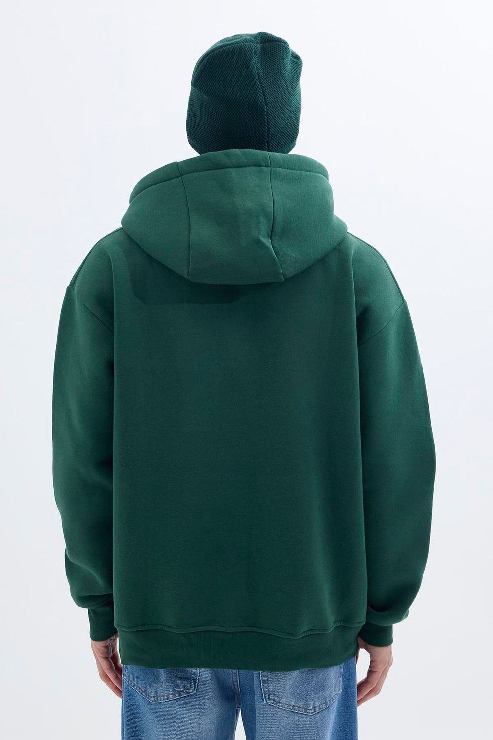 Unisex Oversize Geniş Kesim Pamuklu Yumuşak Dokulu İçi Polarlı Baskılı Yeşil Kapüşonlu Sweatshirt