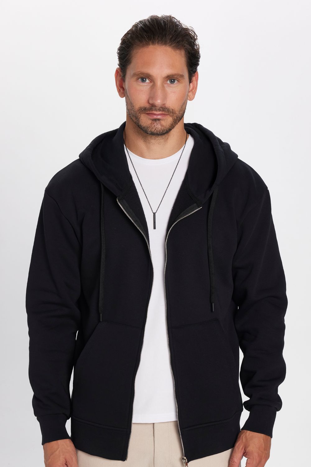 Unisex Relax Fit Rahat Kesim Pamuklu İçi Polarlı Çift Cepli Fermuarlı Siyah Kapüşonlu Sweatshirt