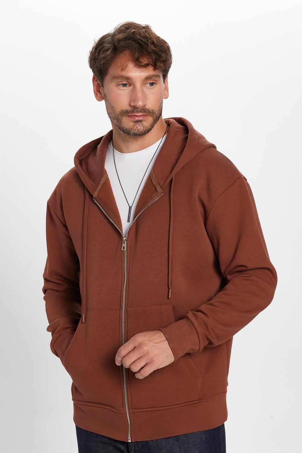Unisex Relax Fit Rahat Kesim Pamuklu İçi Polarlı Çift Cepli Tam Fermuarlı Siyah Kapüşonlu Sweatshirt
