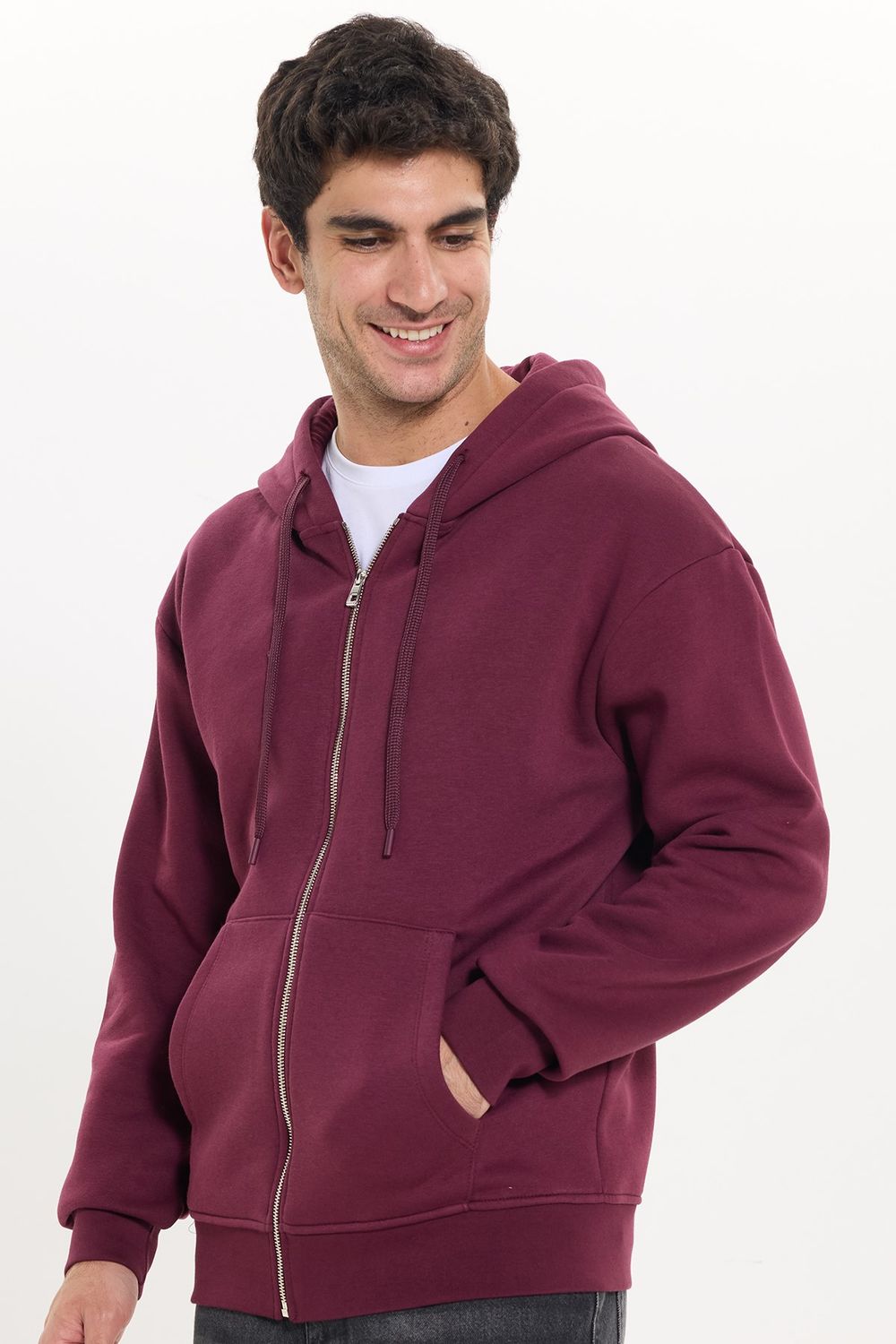 Unisex Relax Fit Rahat Kesim Pamuklu İçi Polarlı Çift Cepli Tam Fermuarlı Siyah Kapüşonlu Sweatshirt