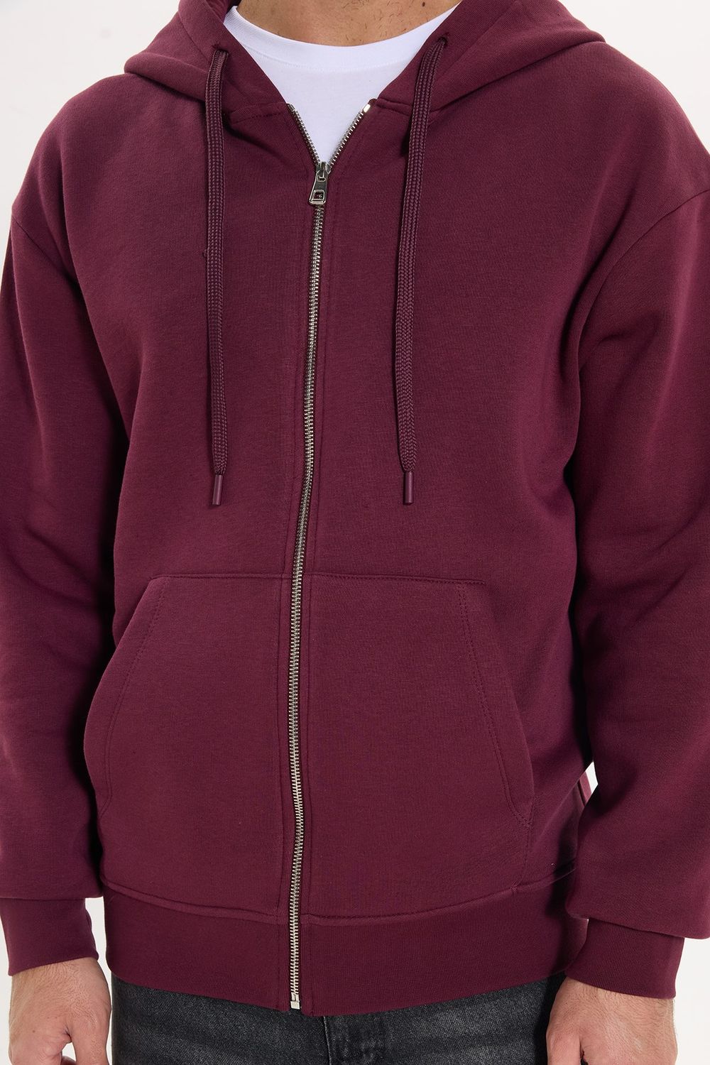 Unisex Relax Fit Rahat Kesim Pamuklu İçi Polarlı Çift Cepli Tam Fermuarlı Siyah Kapüşonlu Sweatshirt