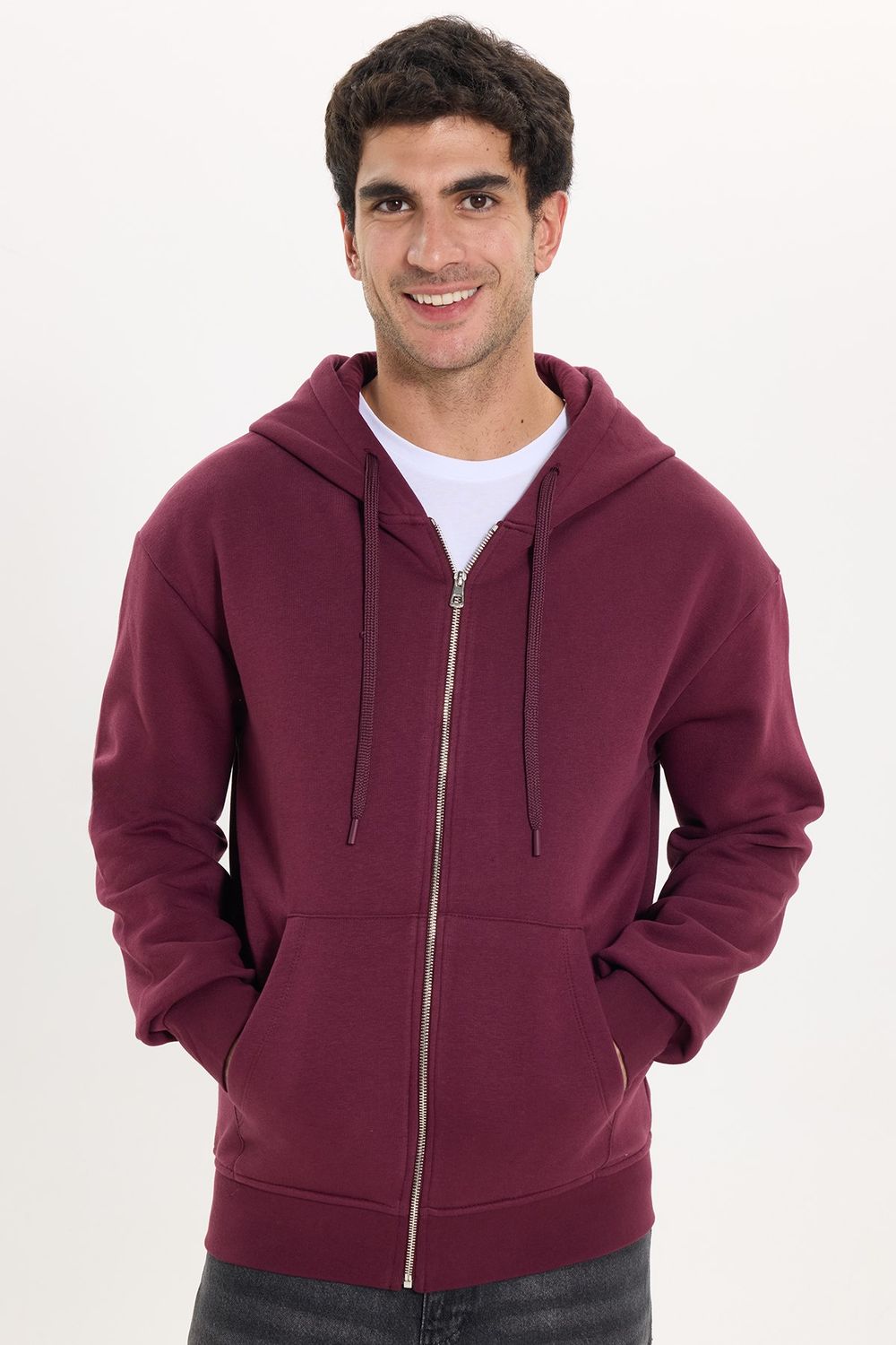 Unisex Relax Fit Rahat Kesim Pamuklu İçi Polarlı Çift Cepli Tam Fermuarlı Siyah Kapüşonlu Sweatshirt