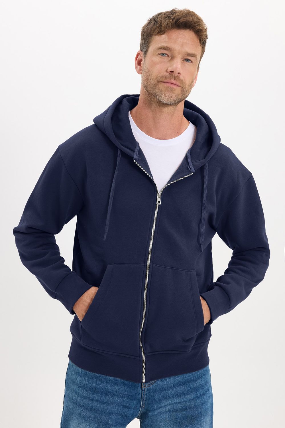 Unisex Relax Fit Rahat Kesim Pamuklu İçi Polarlı Çift Cepli Tam Fermuarlı Siyah Kapüşonlu Sweatshirt