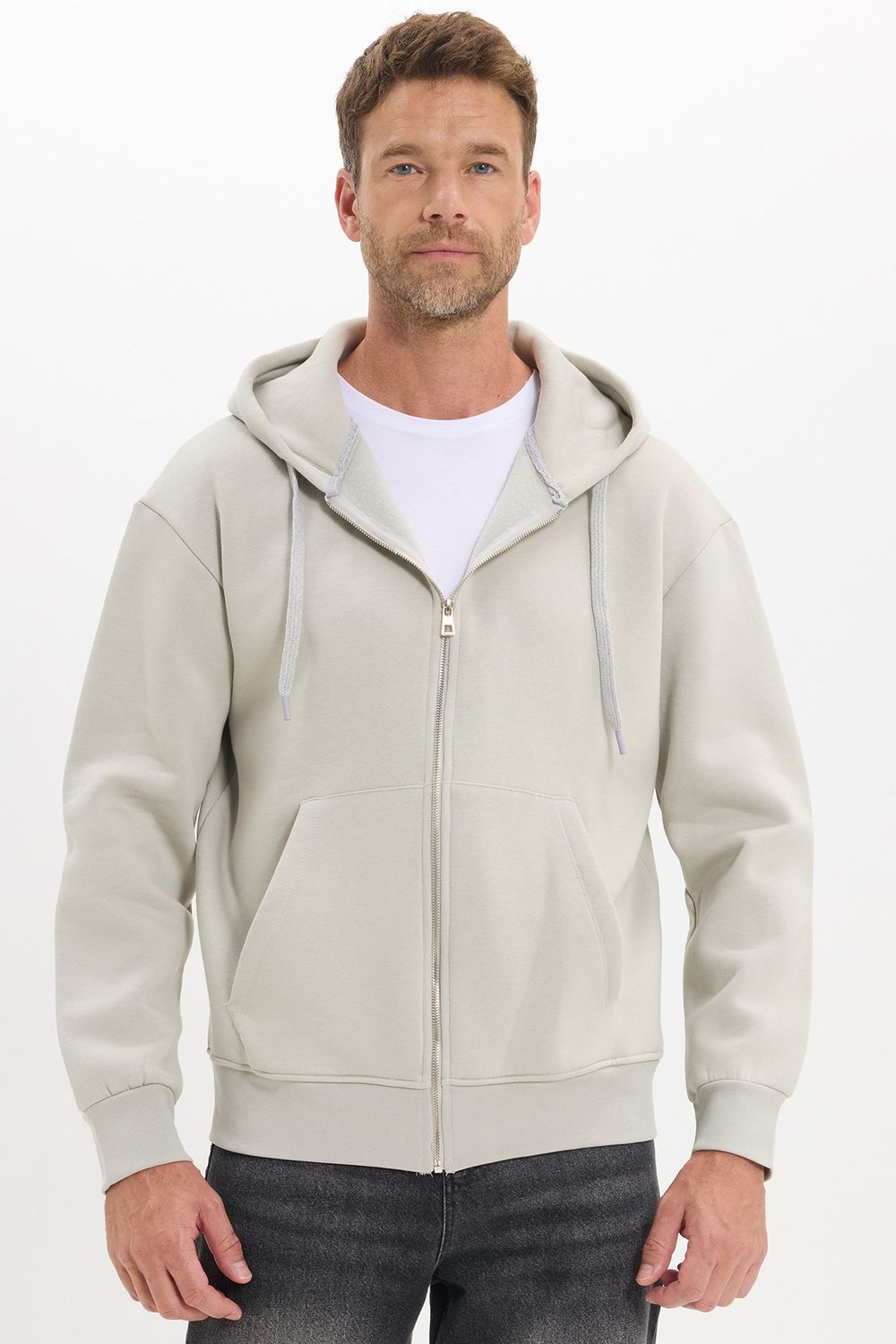 Unisex Relax Fit Rahat Kesim Pamuklu İçi Polarlı Çift Cepli Fermuarlı Taş Renk Kapüşonlu Sweatshirt