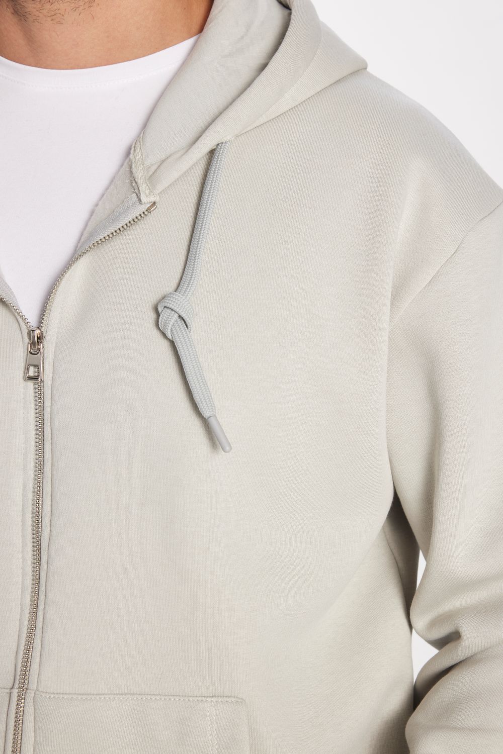 Unisex Relax Fit Rahat Kesim Pamuklu İçi Polarlı Çift Cepli Fermuarlı Taş Renk Kapüşonlu Sweatshirt