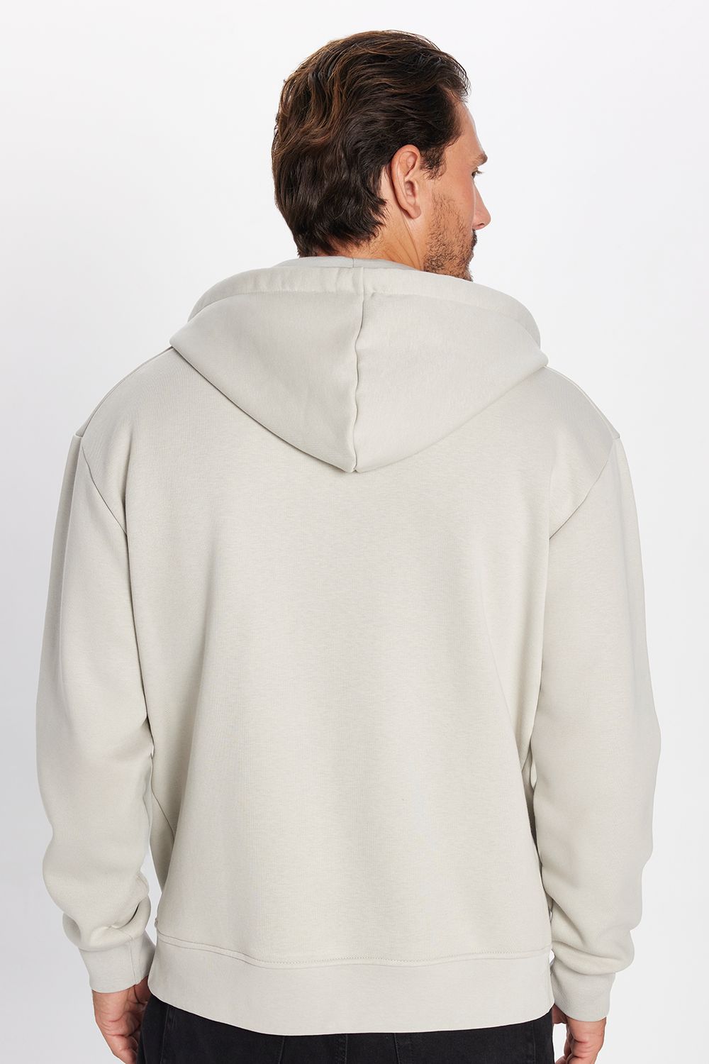 Unisex Relax Fit Rahat Kesim Pamuklu İçi Polarlı Çift Cepli Fermuarlı Taş Renk Kapüşonlu Sweatshirt