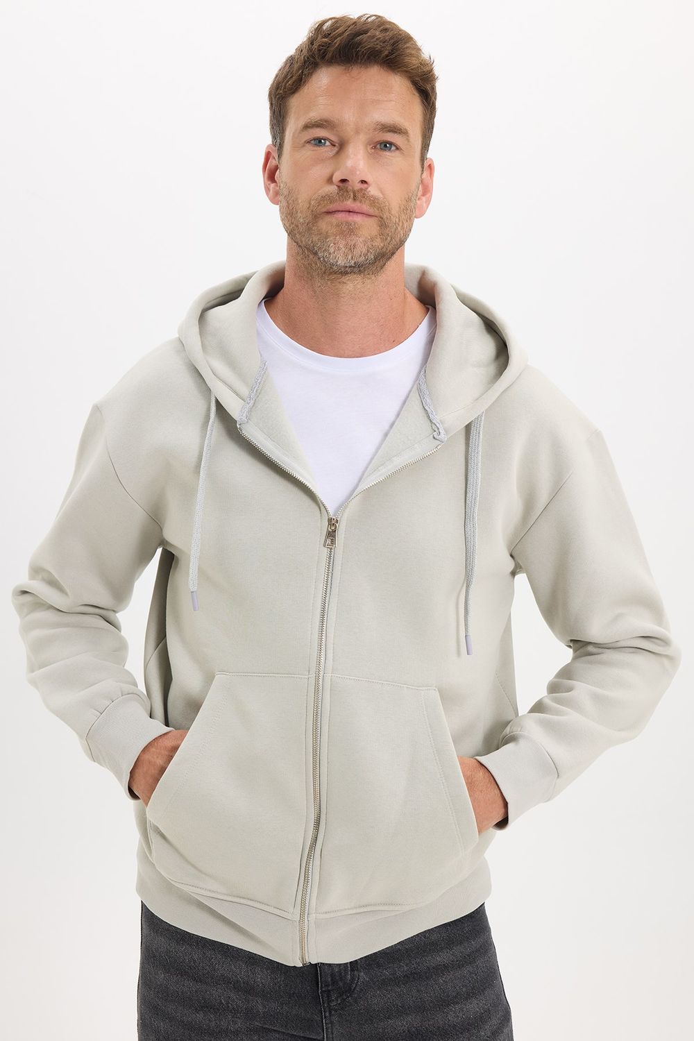 Unisex Relax Fit Rahat Kesim Pamuklu İçi Polarlı Çift Cepli Fermuarlı Taş Renk Kapüşonlu Sweatshirt