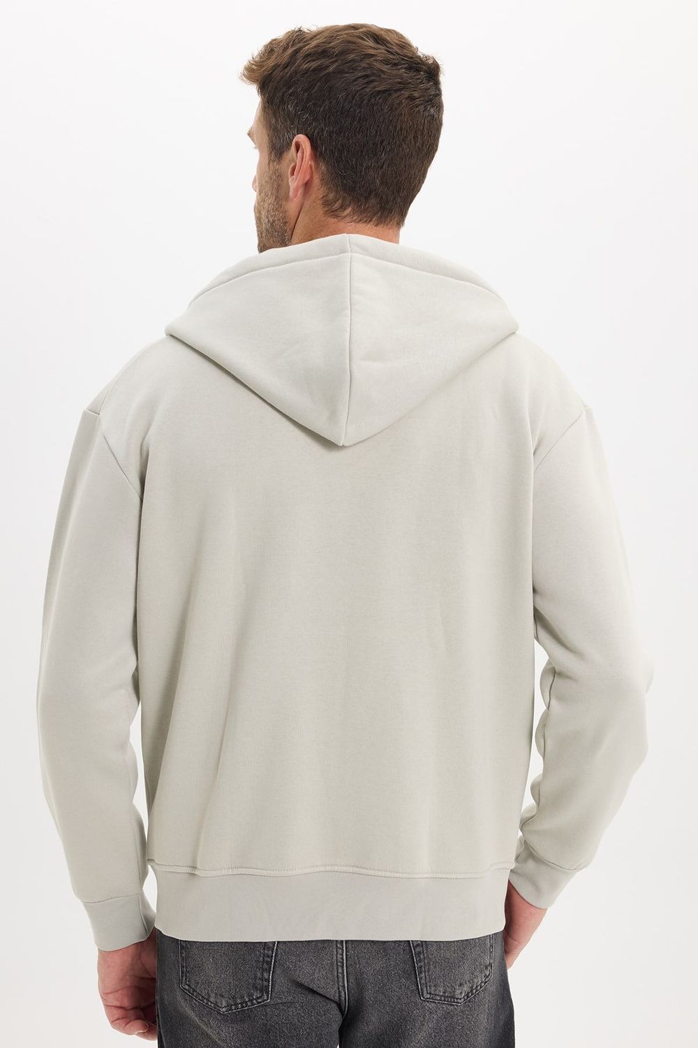 Unisex Relax Fit Rahat Kesim Pamuklu İçi Polarlı Çift Cepli Fermuarlı Taş Renk Kapüşonlu Sweatshirt