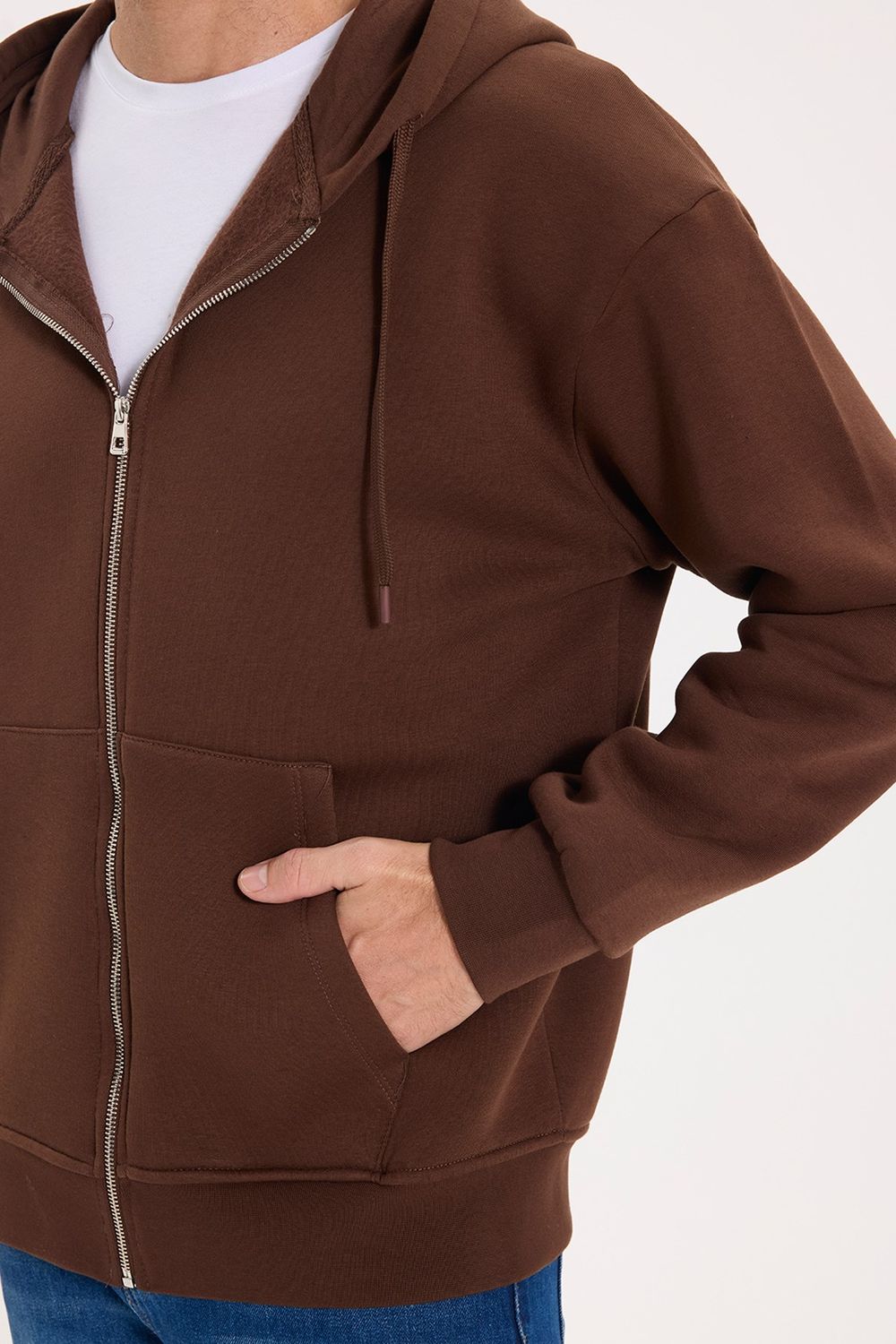 Unisex Relax Fit Rahat Kesim Pamuklu İçi Polarlı Çift Cepli Tam Fermuarlı Siyah Kapüşonlu Sweatshirt