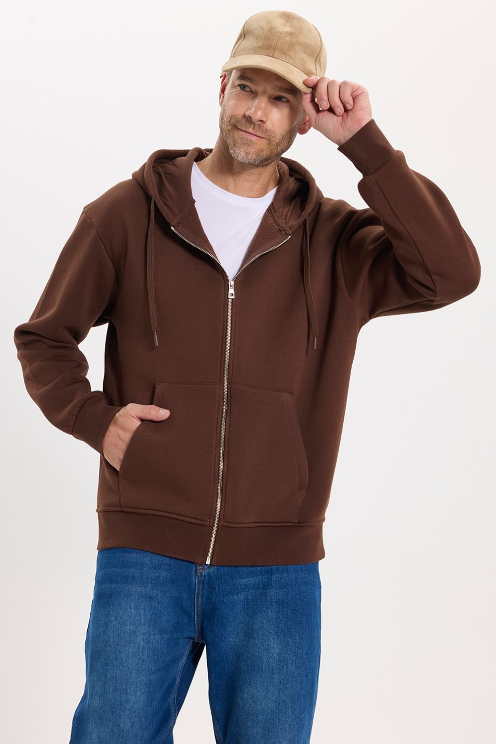Unisex Relax Fit Rahat Kesim Pamuklu İçi Polarlı Çift Cepli Tam Fermuarlı Siyah Kapüşonlu Sweatshirt