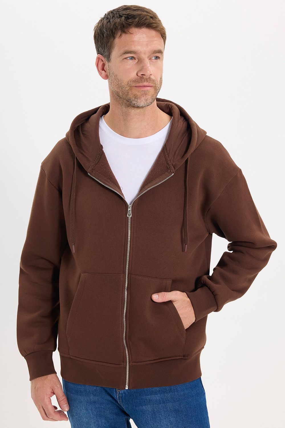 Unisex Relax Fit Rahat Kesim Pamuklu İçi Polarlı Çift Cepli Tam Fermuarlı Siyah Kapüşonlu Sweatshirt