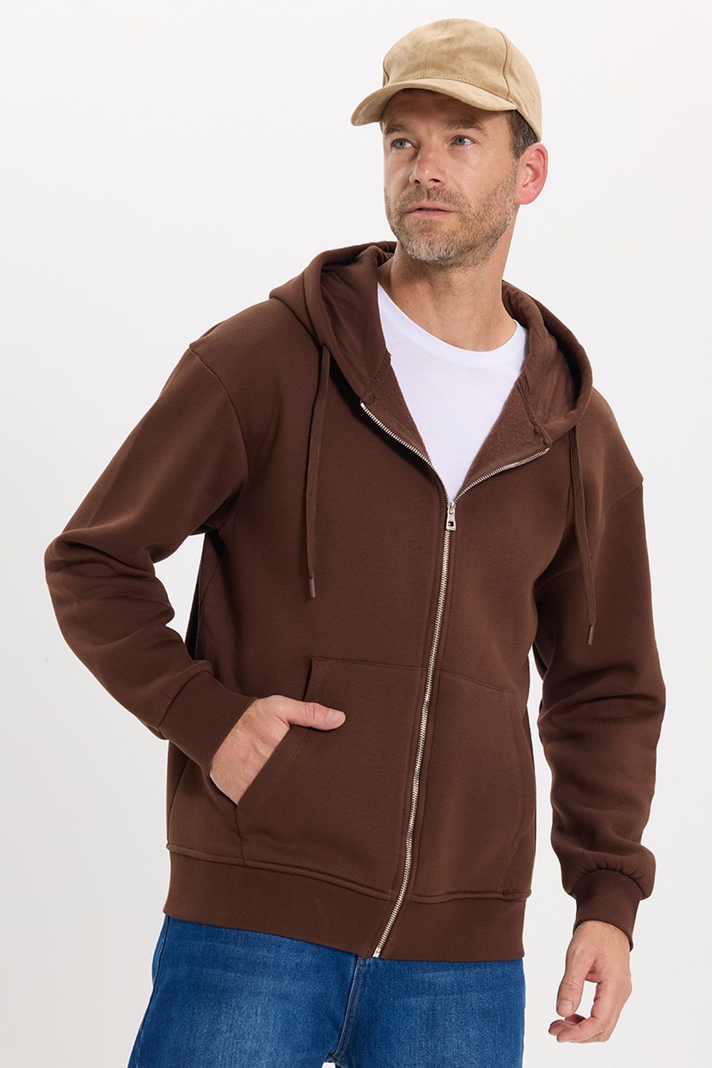 Unisex Relax Fit Rahat Kesim Pamuklu İçi Polarlı Çift Cepli Tam Fermuarlı Siyah Kapüşonlu Sweatshirt