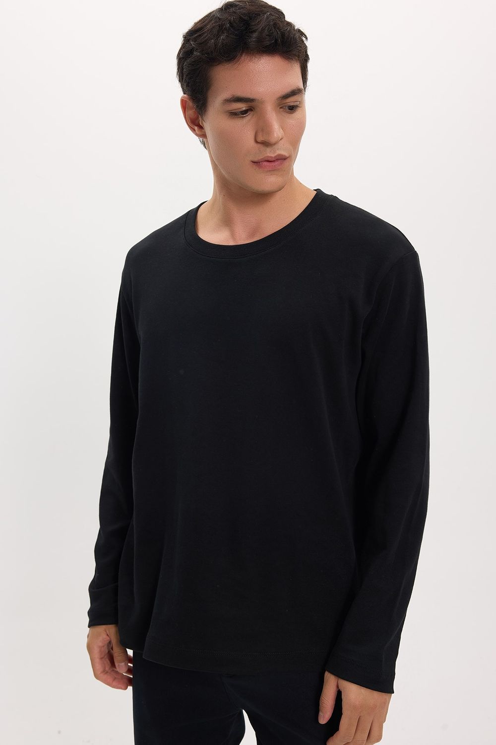 Unisex Relax Fit Rahat Kesim %100 Pamuk Uzun Kollu Bisiklet Yaka Siyah Basic Tişört