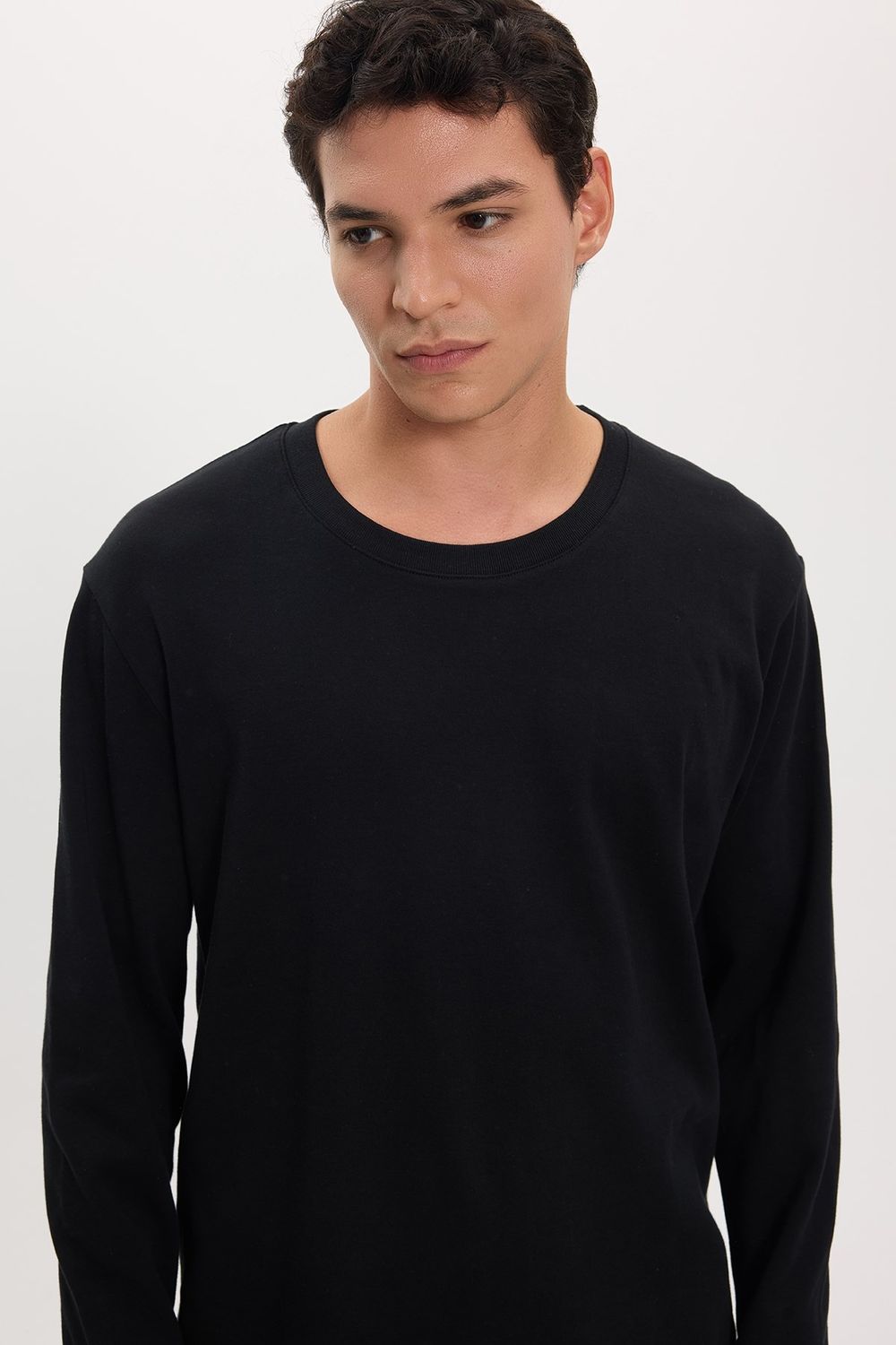 Unisex Relax Fit Rahat Kesim %100 Pamuk Uzun Kollu Bisiklet Yaka Siyah Basic Tişört