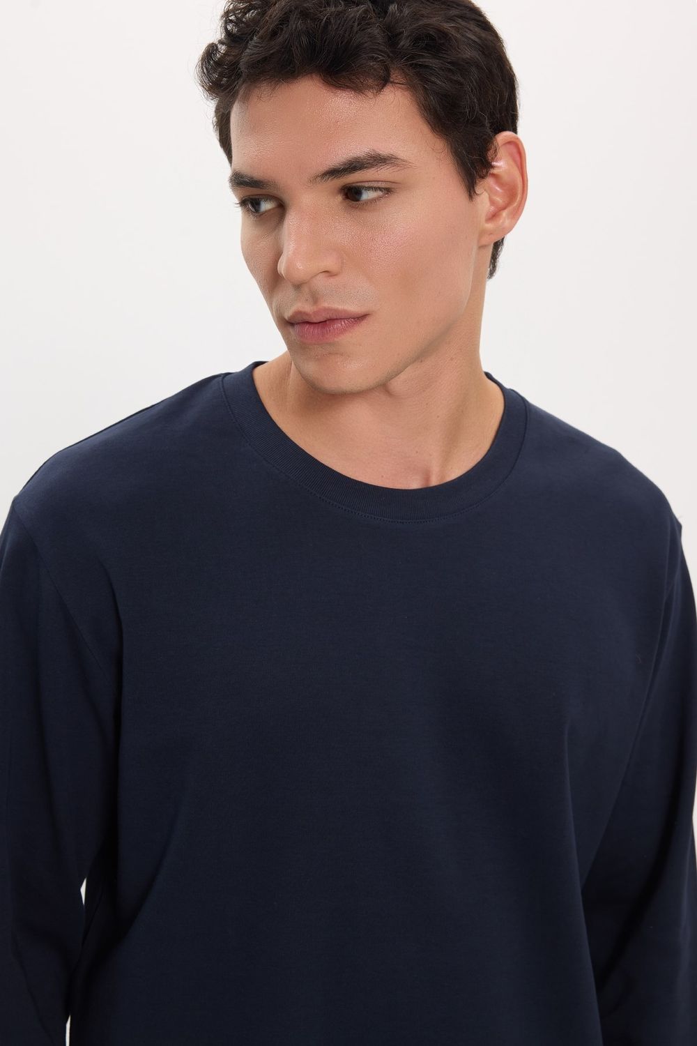 Unisex Relax Fit Rahat Kesim %100 Pamuk Uzun Kollu Bisiklet Yaka Lacivert Basic Tişört