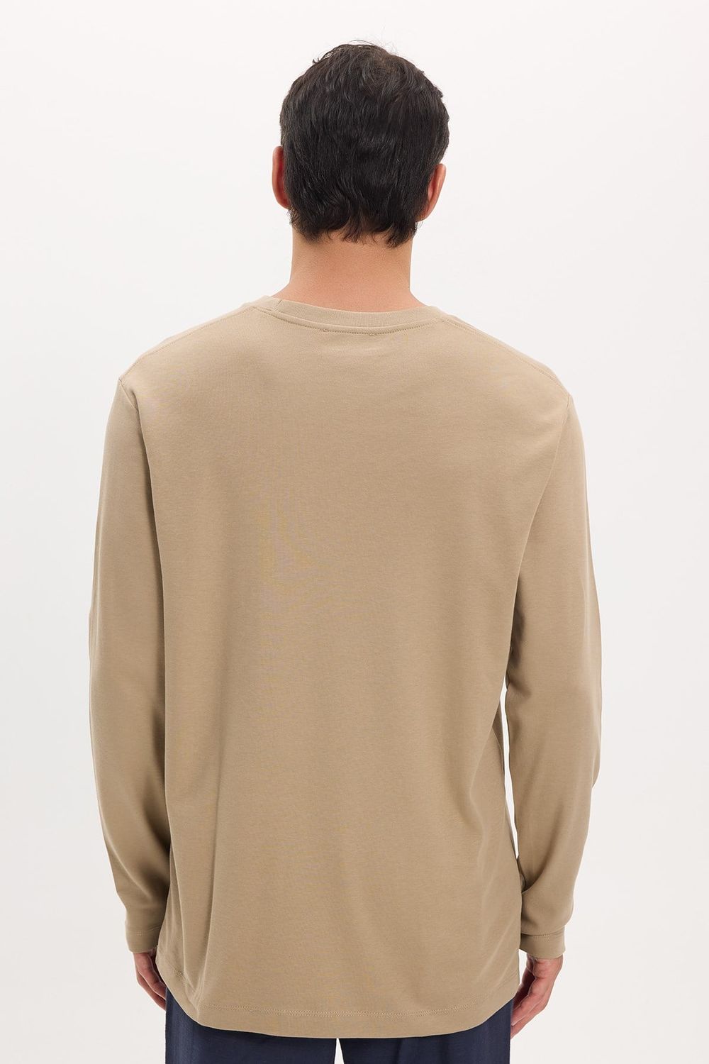 Unisex Relax Fit Rahat Kesim %100 Pamuk Uzun Kollu Bisiklet Yaka Bej Basic Tişört
