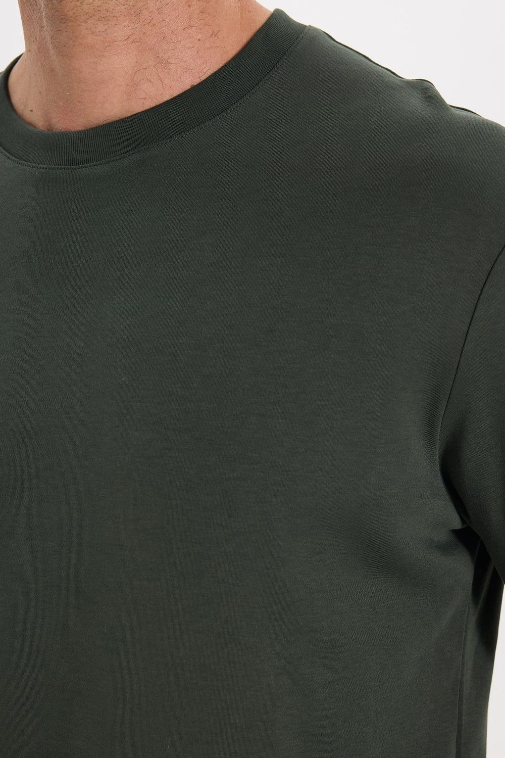 Unisex Relax Fit Rahat Kesim %100 Pamuk Uzun Kollu Bisiklet Yaka Yeşil Basic Tişört