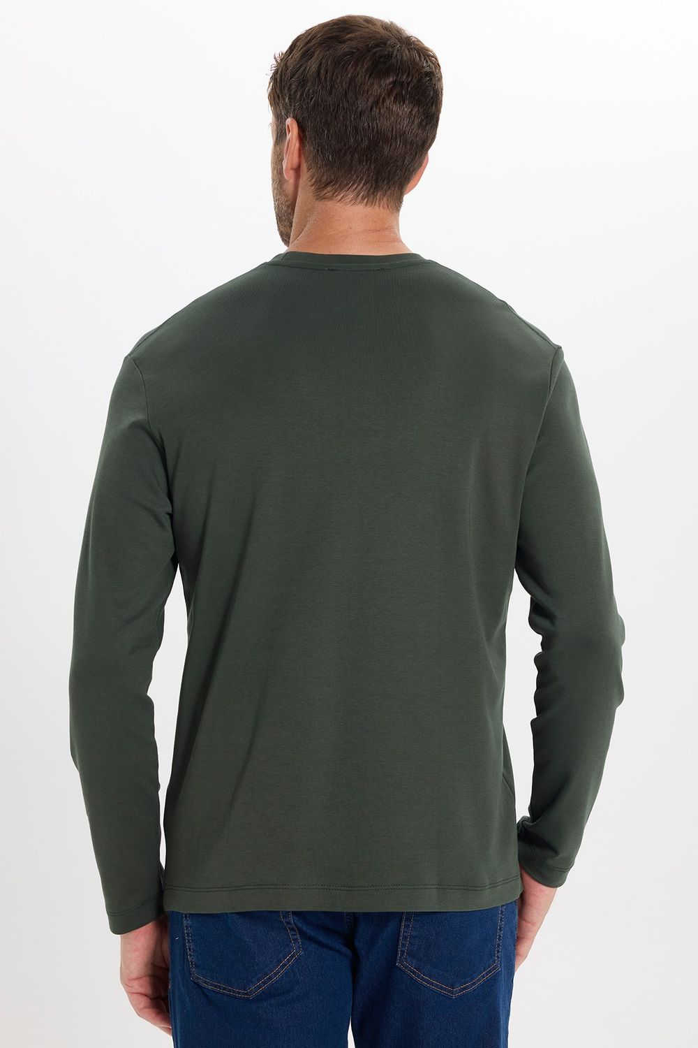 Unisex Relax Fit Rahat Kesim %100 Pamuk Uzun Kollu Bisiklet Yaka Yeşil Basic Tişört