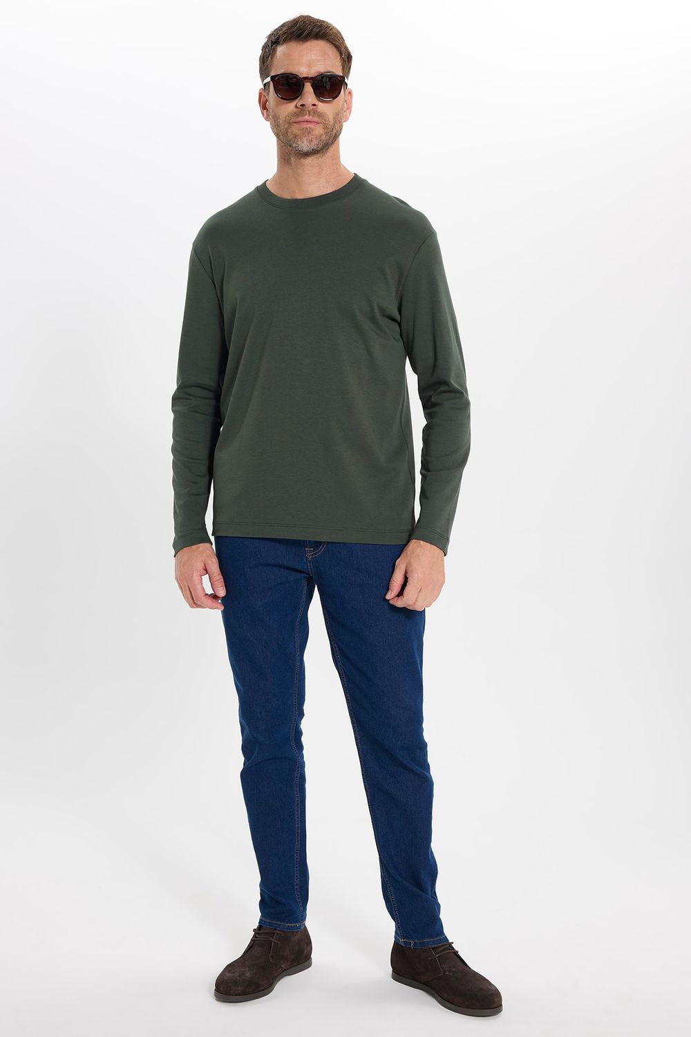 Unisex Relax Fit Rahat Kesim %100 Pamuk Uzun Kollu Bisiklet Yaka Yeşil Basic Tişört