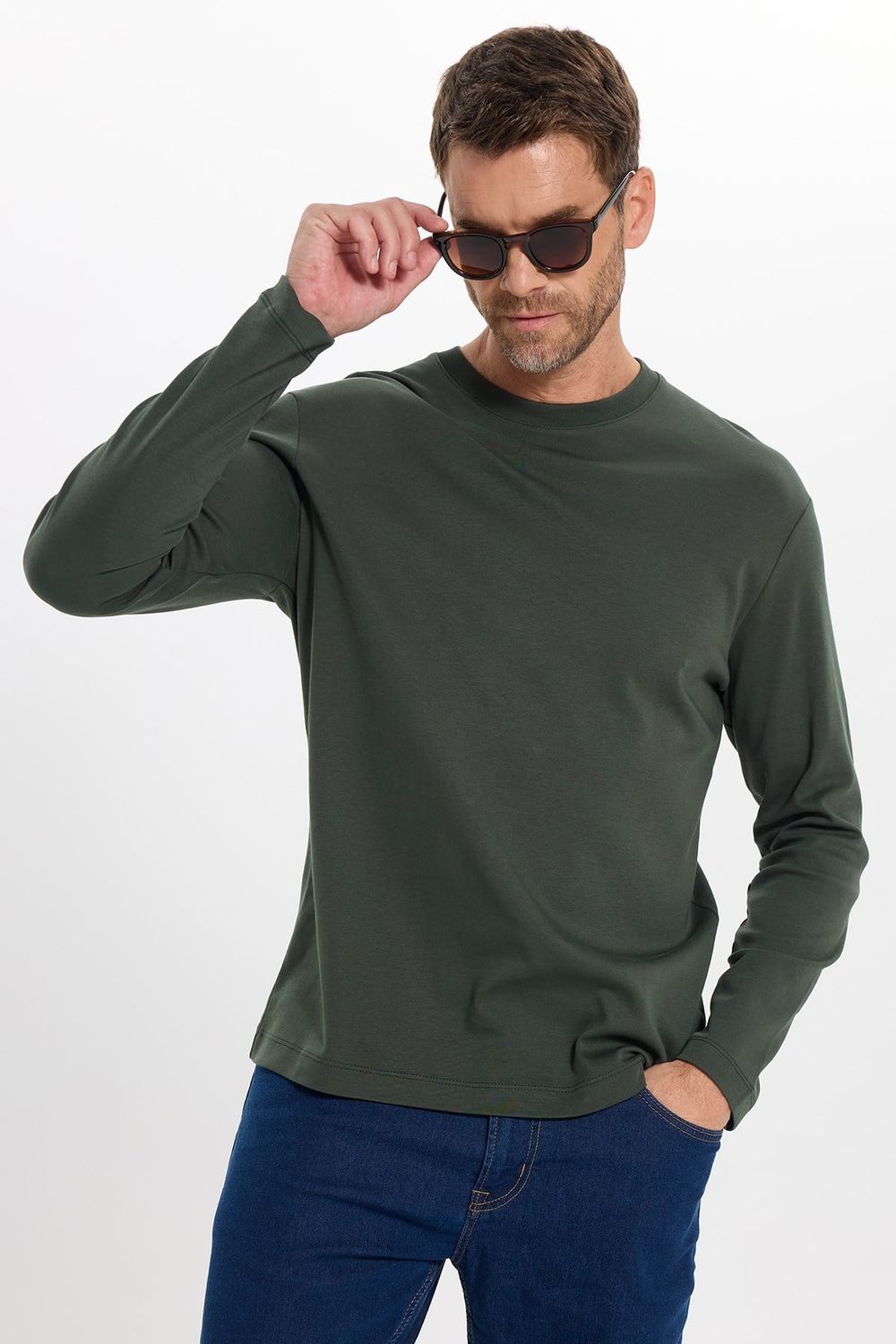 Unisex Relax Fit Rahat Kesim %100 Pamuk Uzun Kollu Bisiklet Yaka Yeşil Basic Tişört