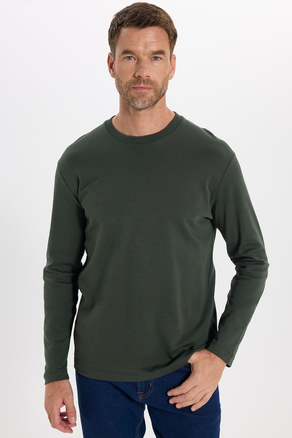 Unisex Relax Fit Rahat Kesim %100 Pamuk Uzun Kollu Bisiklet Yaka Yeşil Basic Tişört